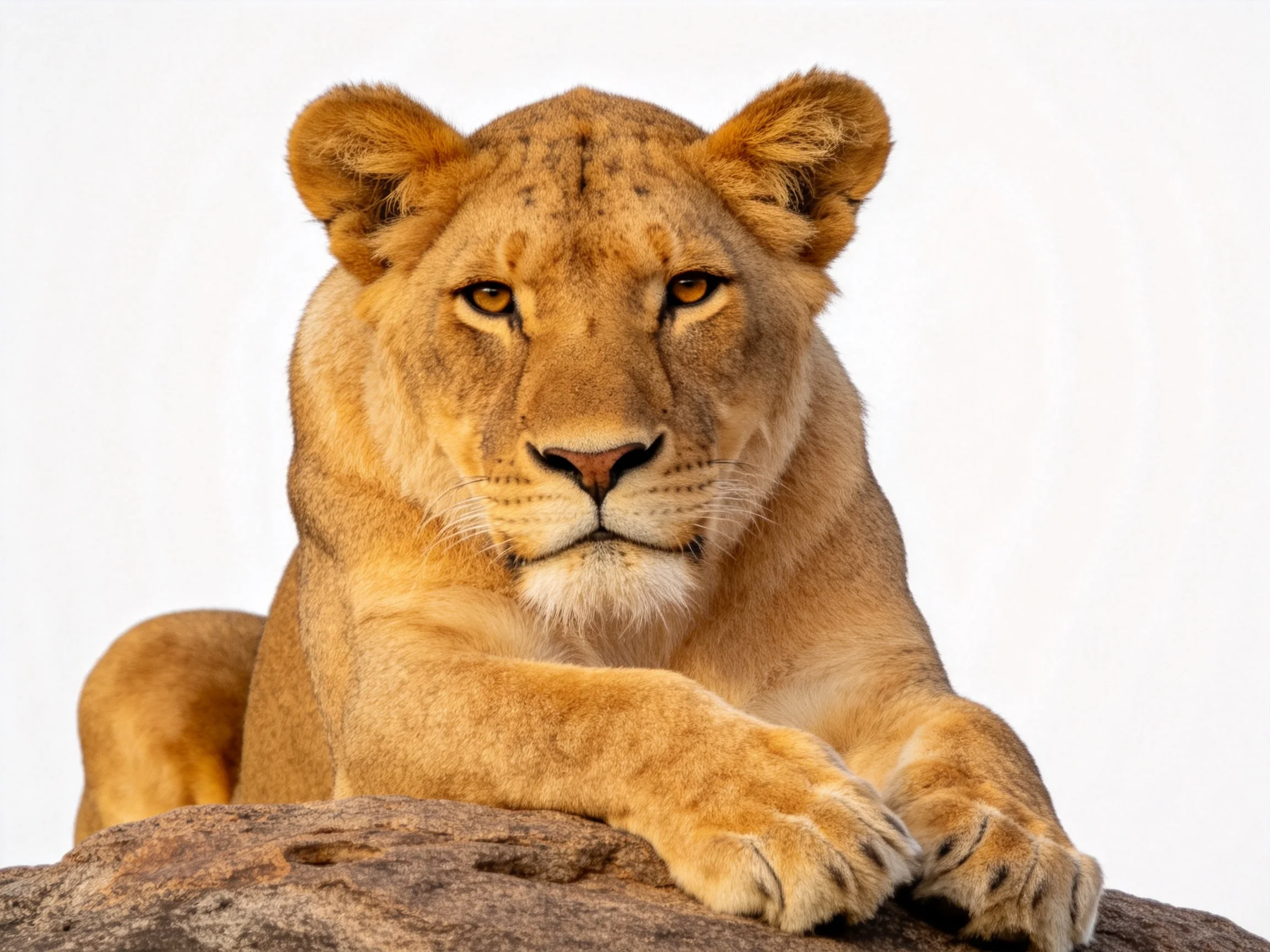 A golden lioness rests gracefully atop a large brown rock against a bright backdrop