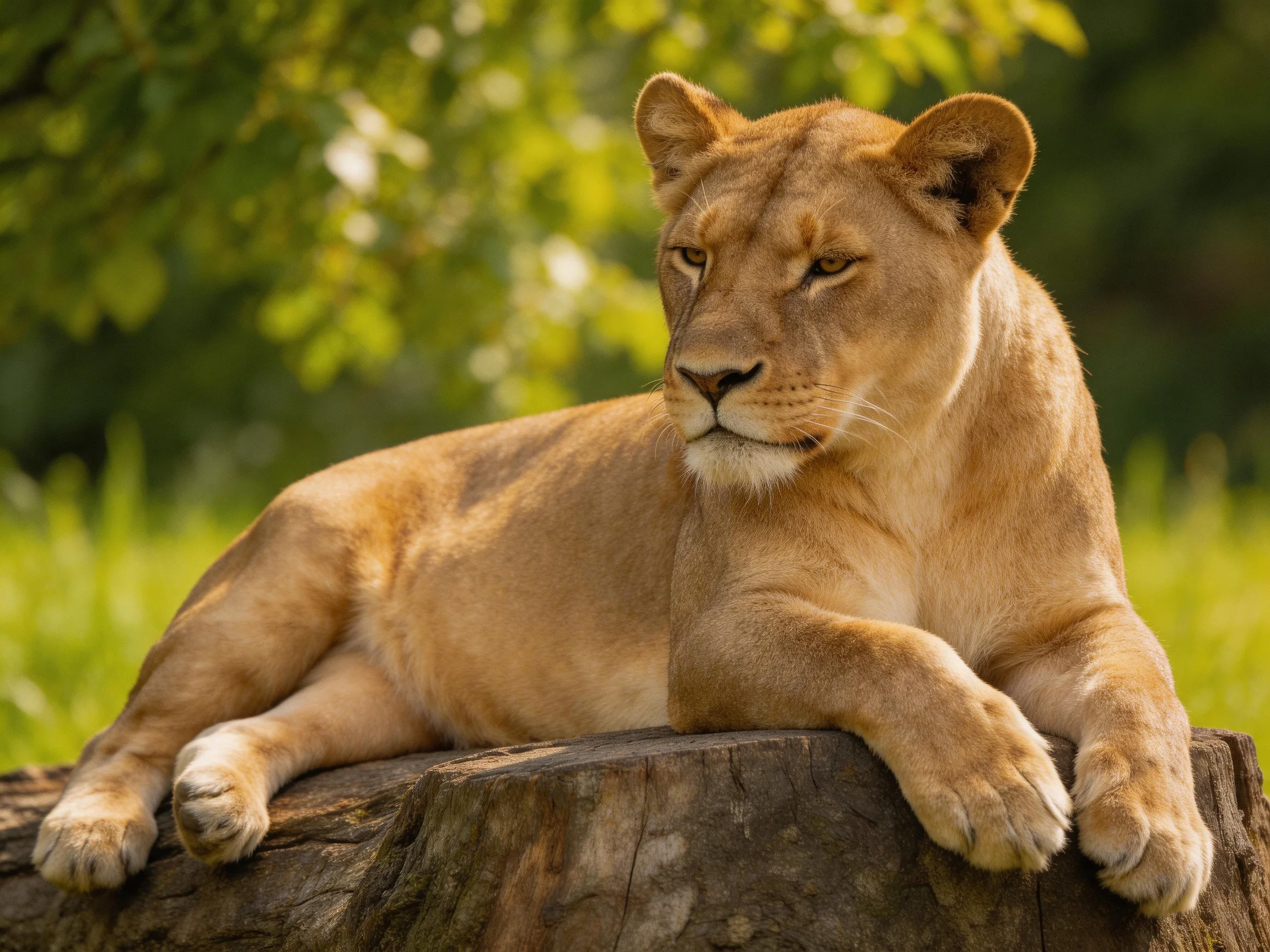 A golden lioness calms on a weathered tree stump among green foliage.
