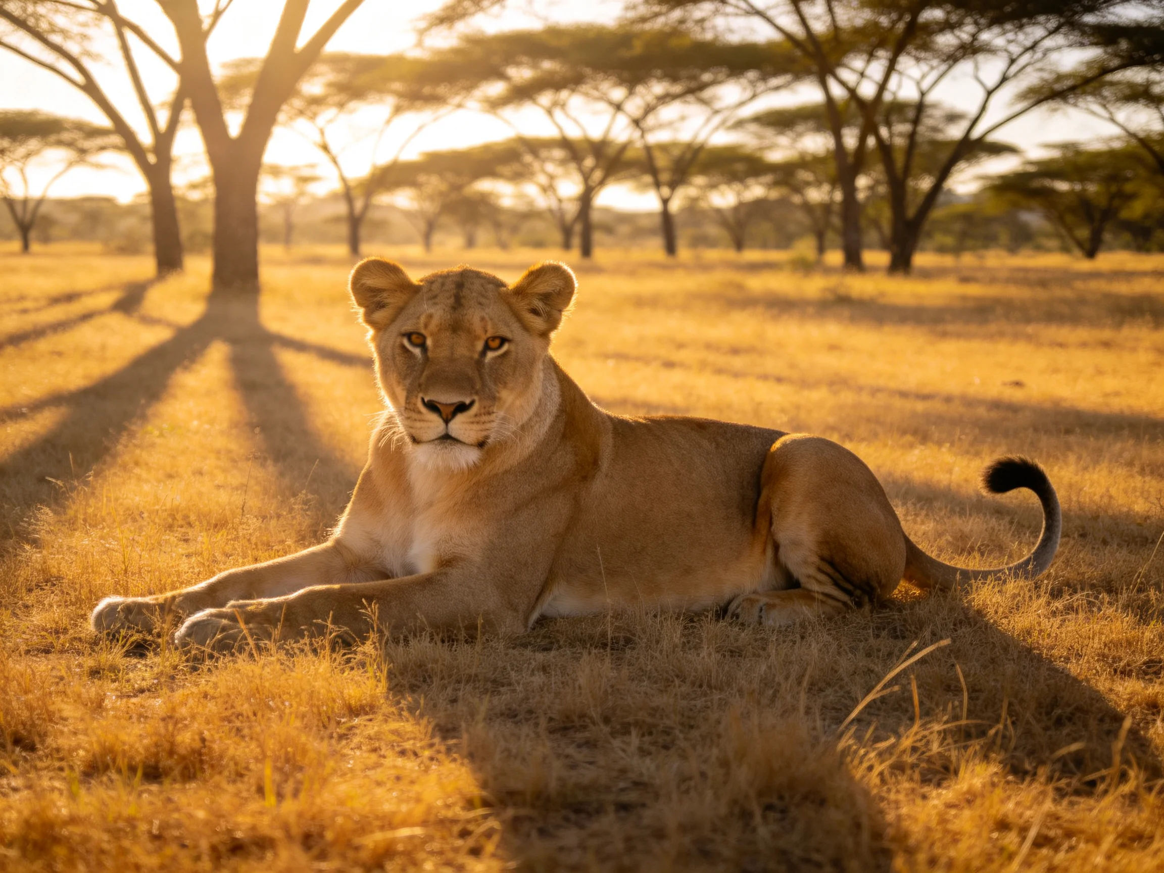 A lioness rests peacefully in a sunlit savannah environment.