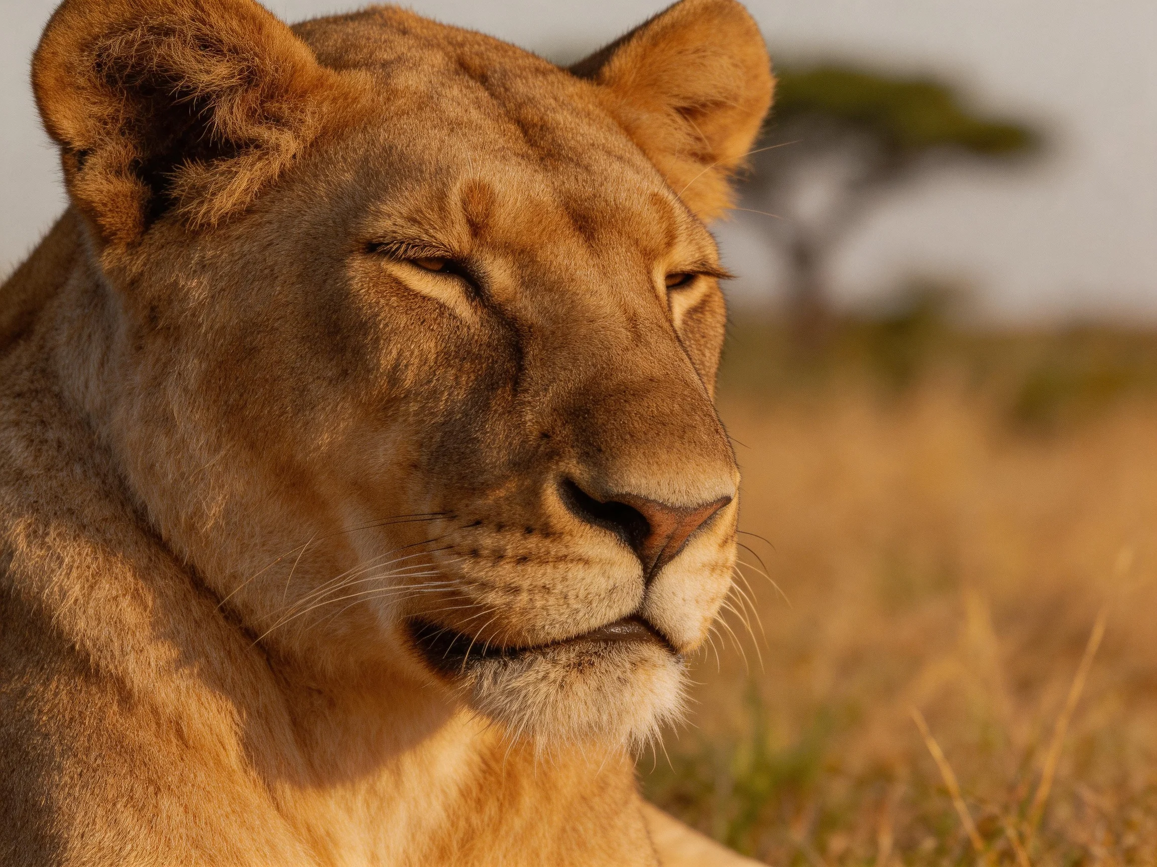 A golden lioness relaxes in a sunlit savannah setting.