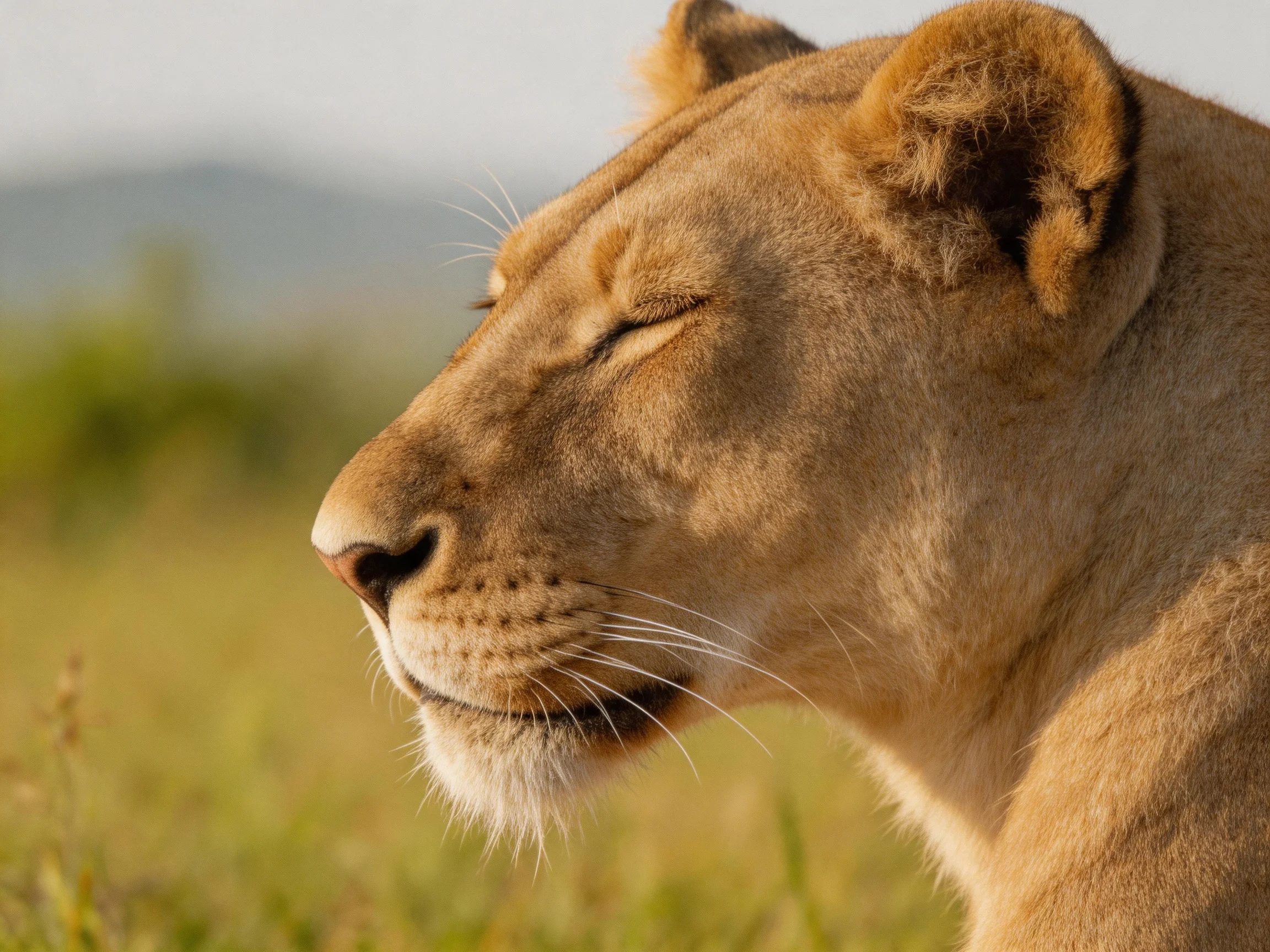 A golden lioness rests with eyes closed amid tall grass