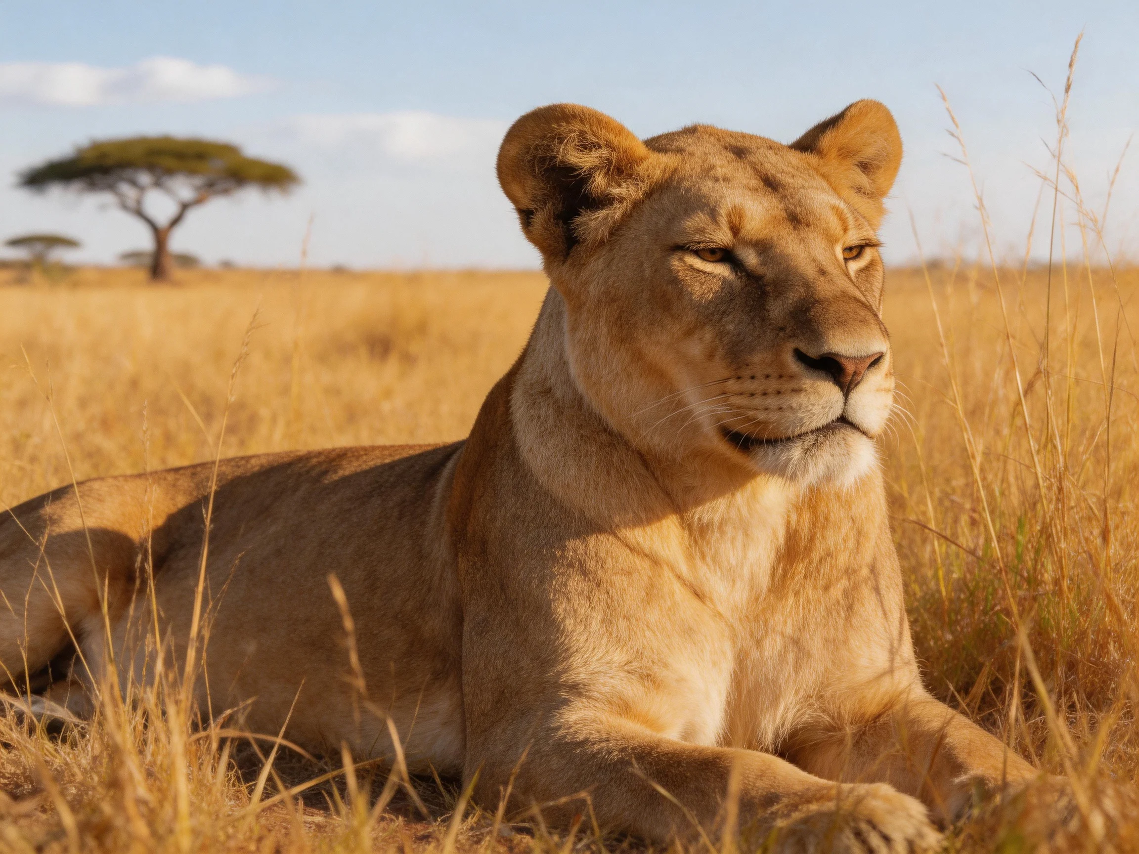 A golden lioness rests in tall savannah grass near an acacia tree
