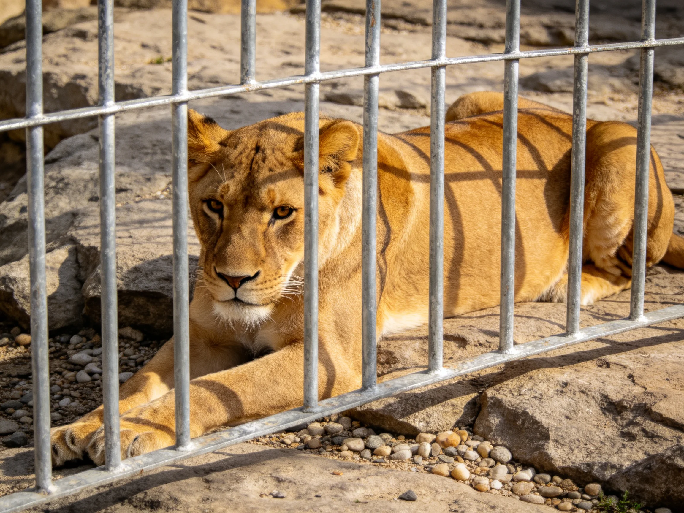 A golden lioness rests near metal bars in a rocky enclosure