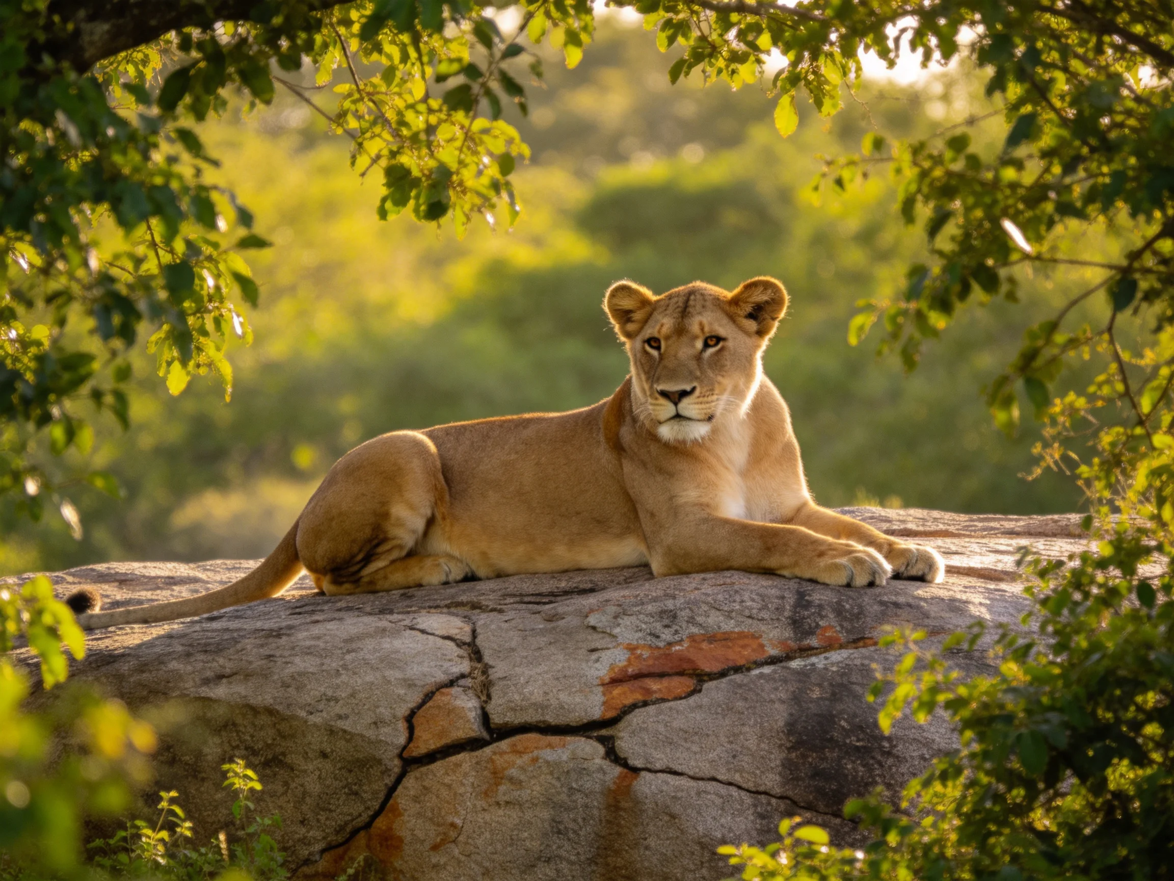 A golden lioness rests on a large cracked rock amid lush green foliage