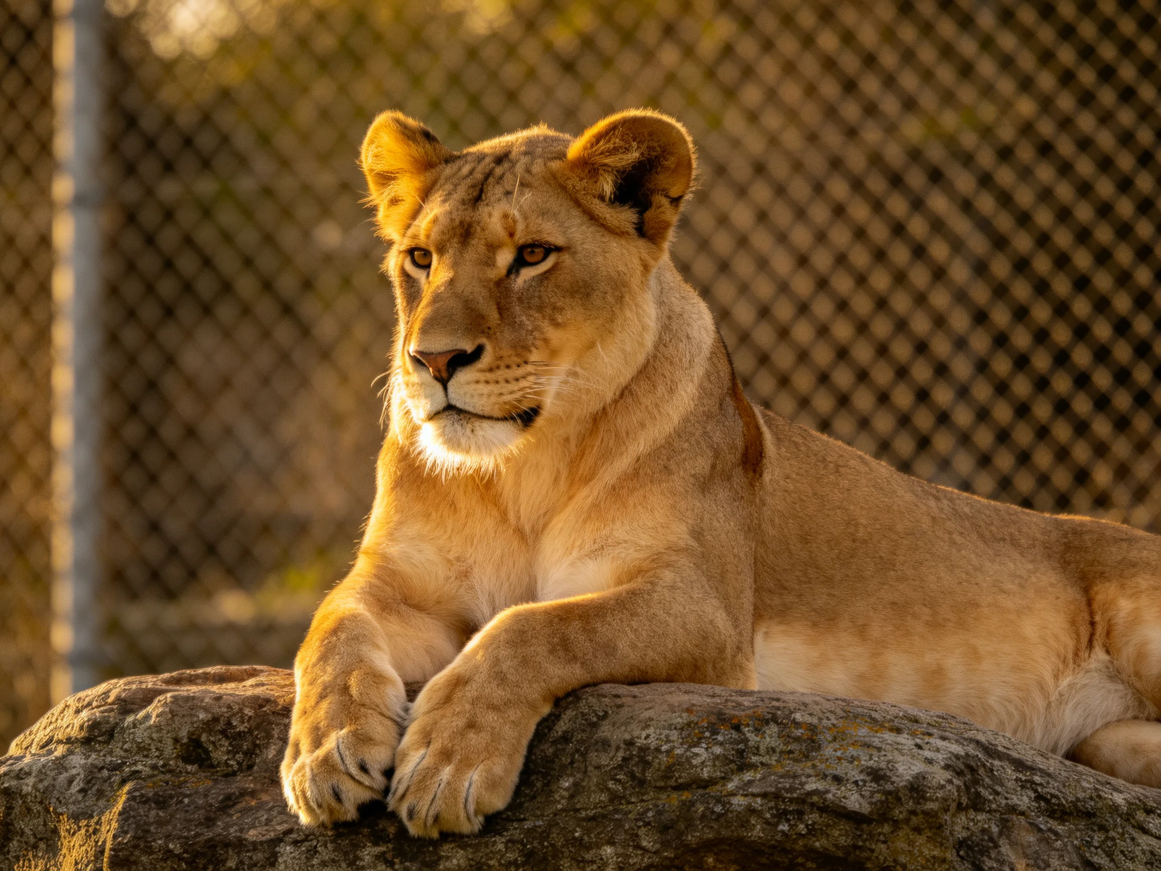 A golden lioness relaxes on a rock beside a chain-link fence.