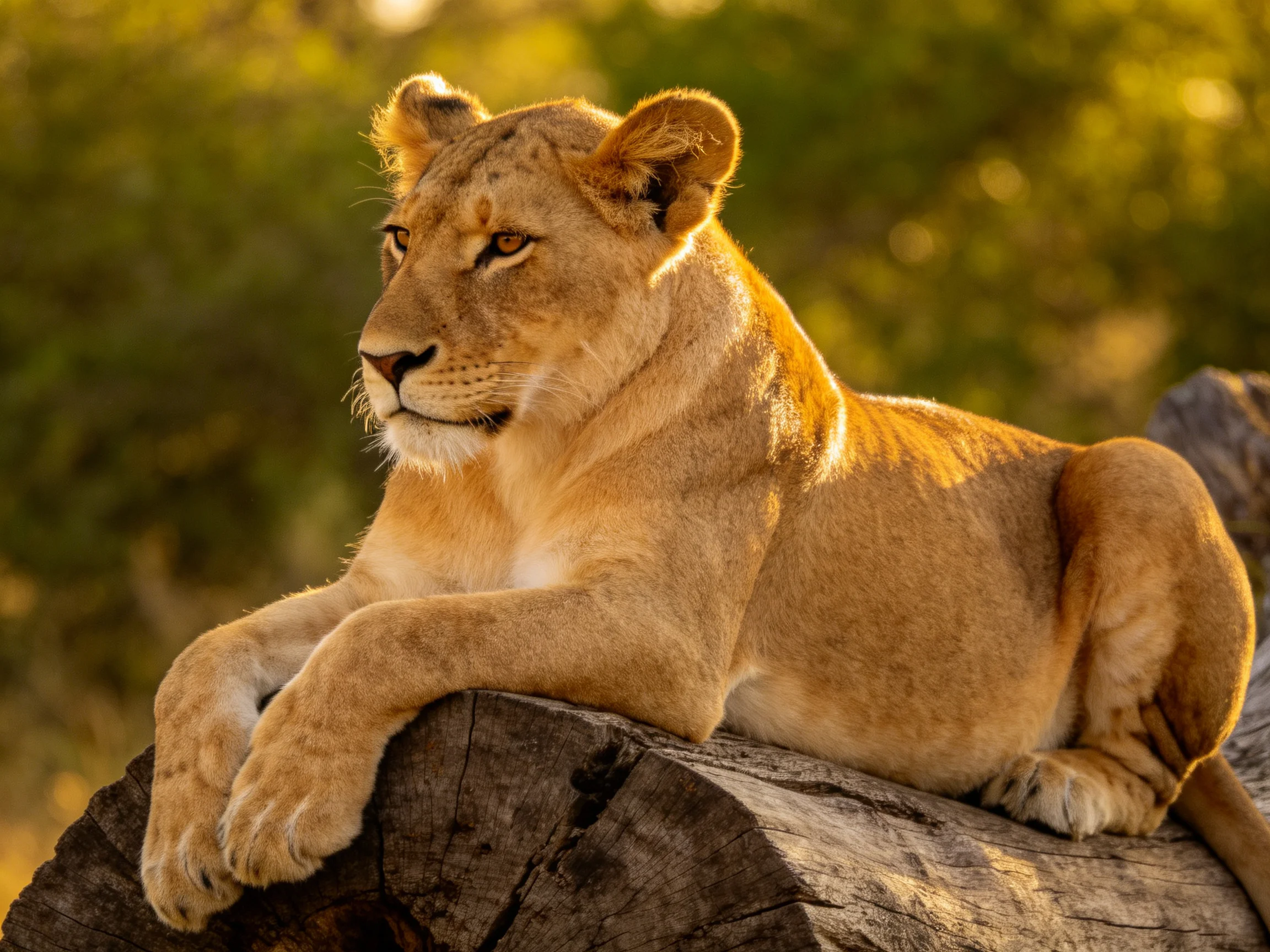 A golden lioness rests on a large, weathered tree trunk in a sunlit forest clearing