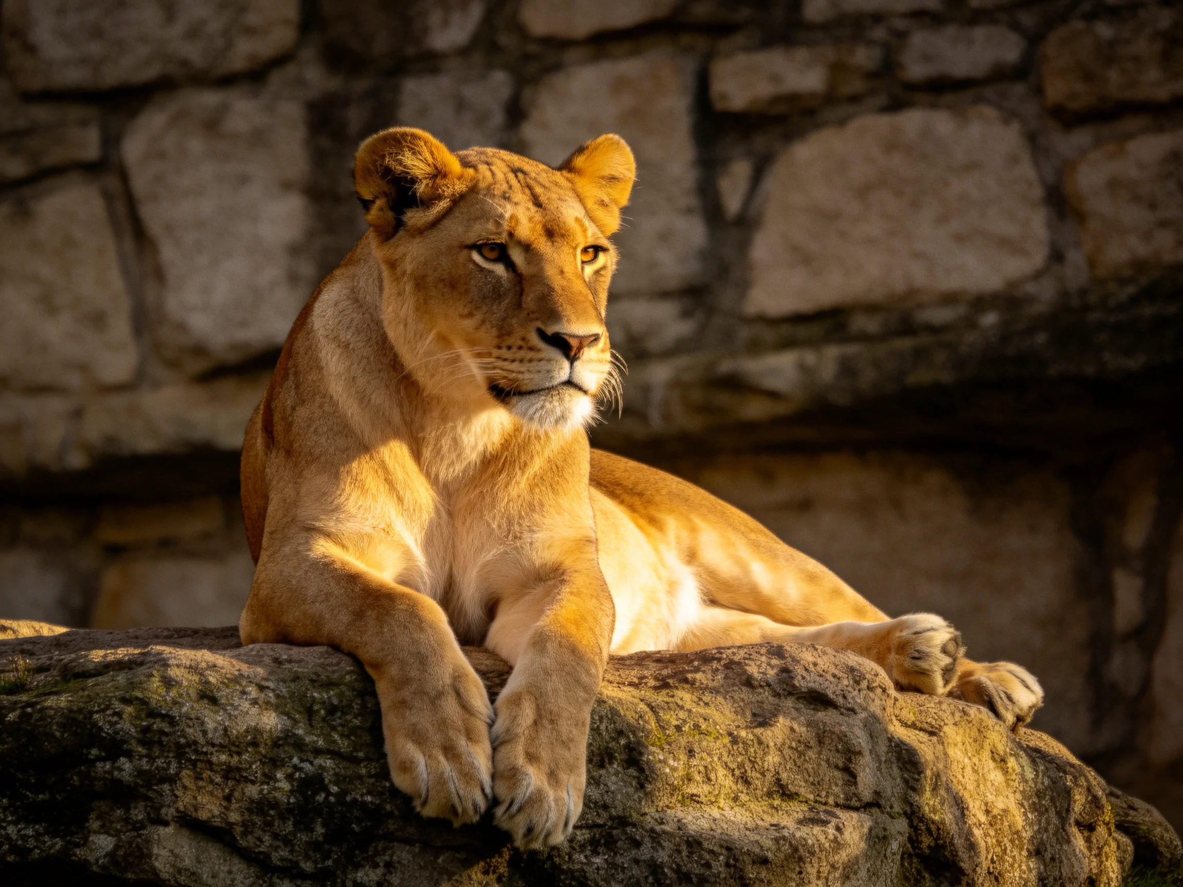A golden lioness relaxes on a mossy rock adjacent to a stone wall.