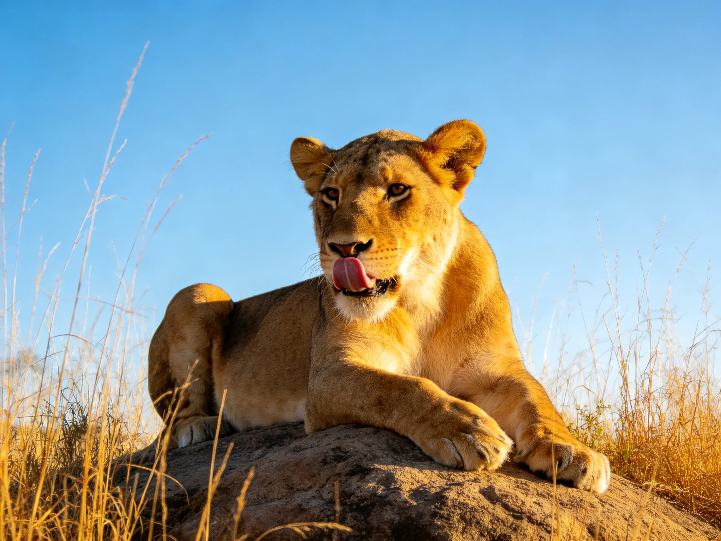 A lioness lounges on a rock surrounded by tall grass in a sunny landscape.