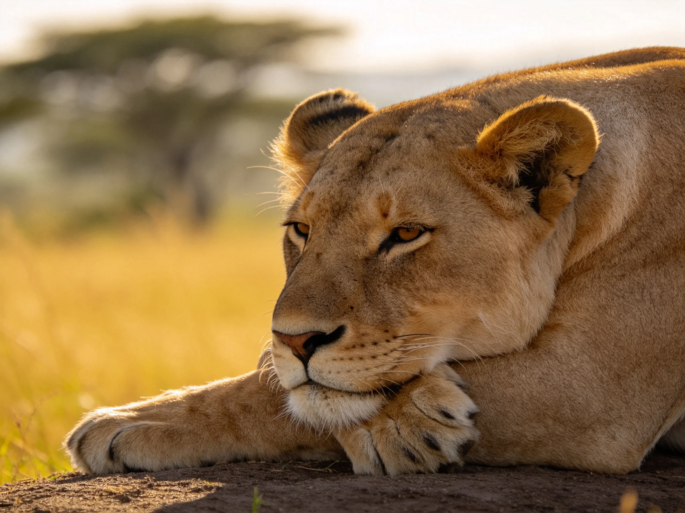 A lioness rests peacefully on a rock in the savannah.