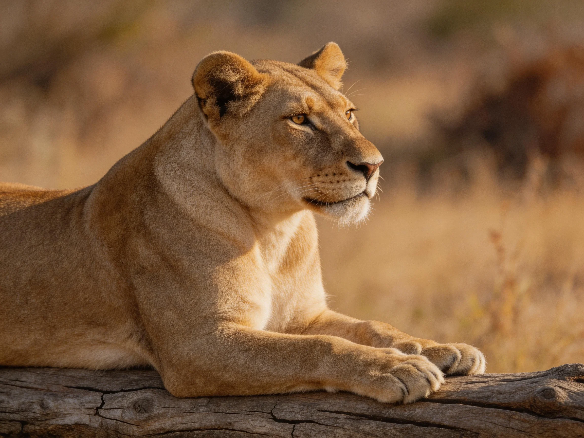 A golden lioness relaxes on a log in sunlit savannah grasses.
