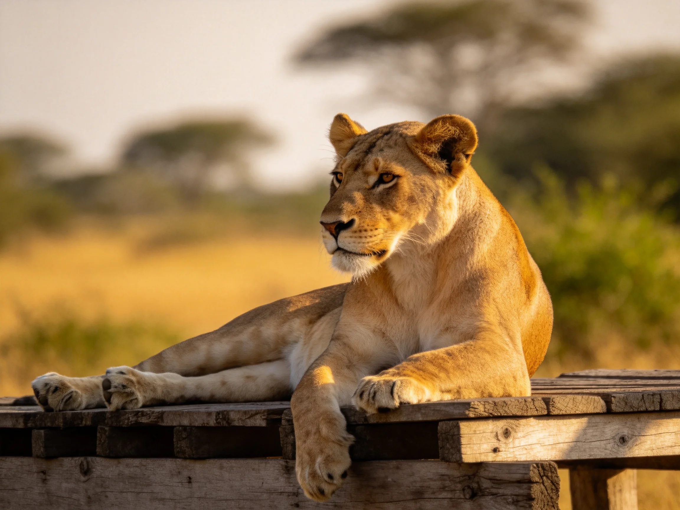 A golden lioness lounges on a wooden structure in a sun-drenched savannah setting.