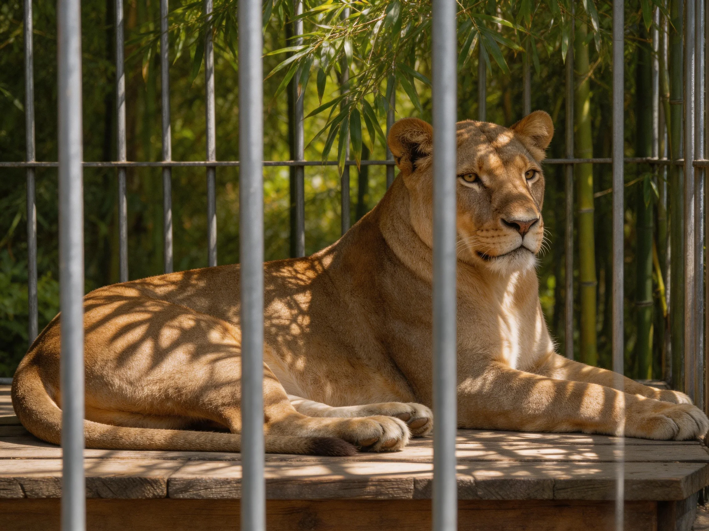 A lioness relaxes on a wooden platform enclosed by metal bars near bamboo