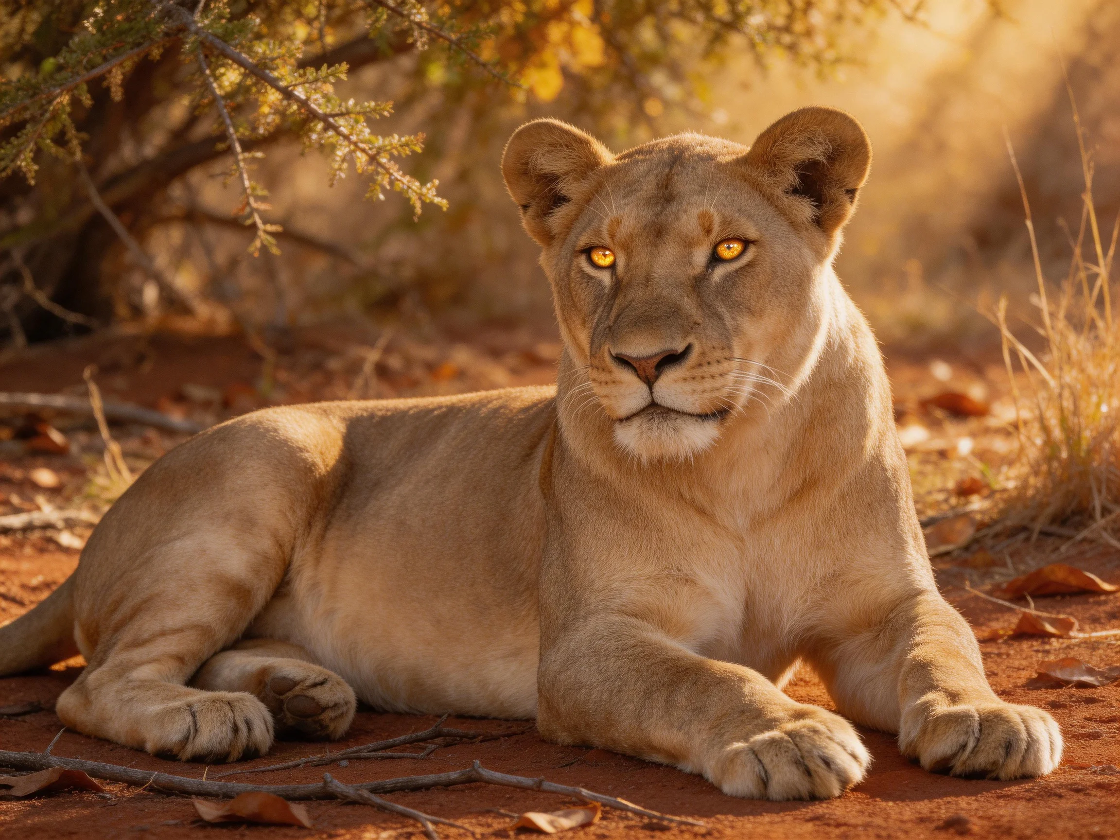 A golden lioness lies calmly on reddish earth near dry vegetation.