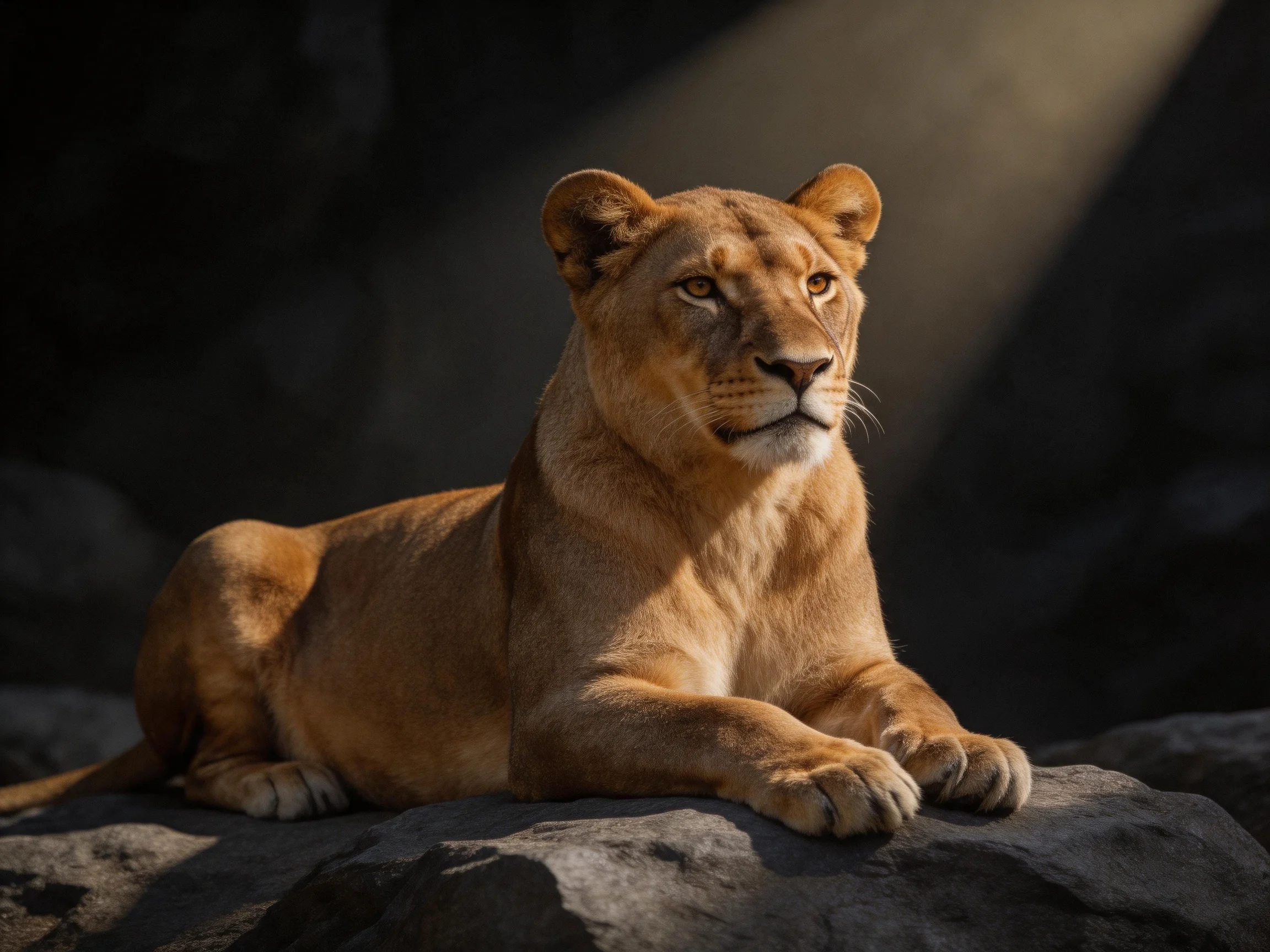 A golden lioness rests on rocks with dramatic lighting