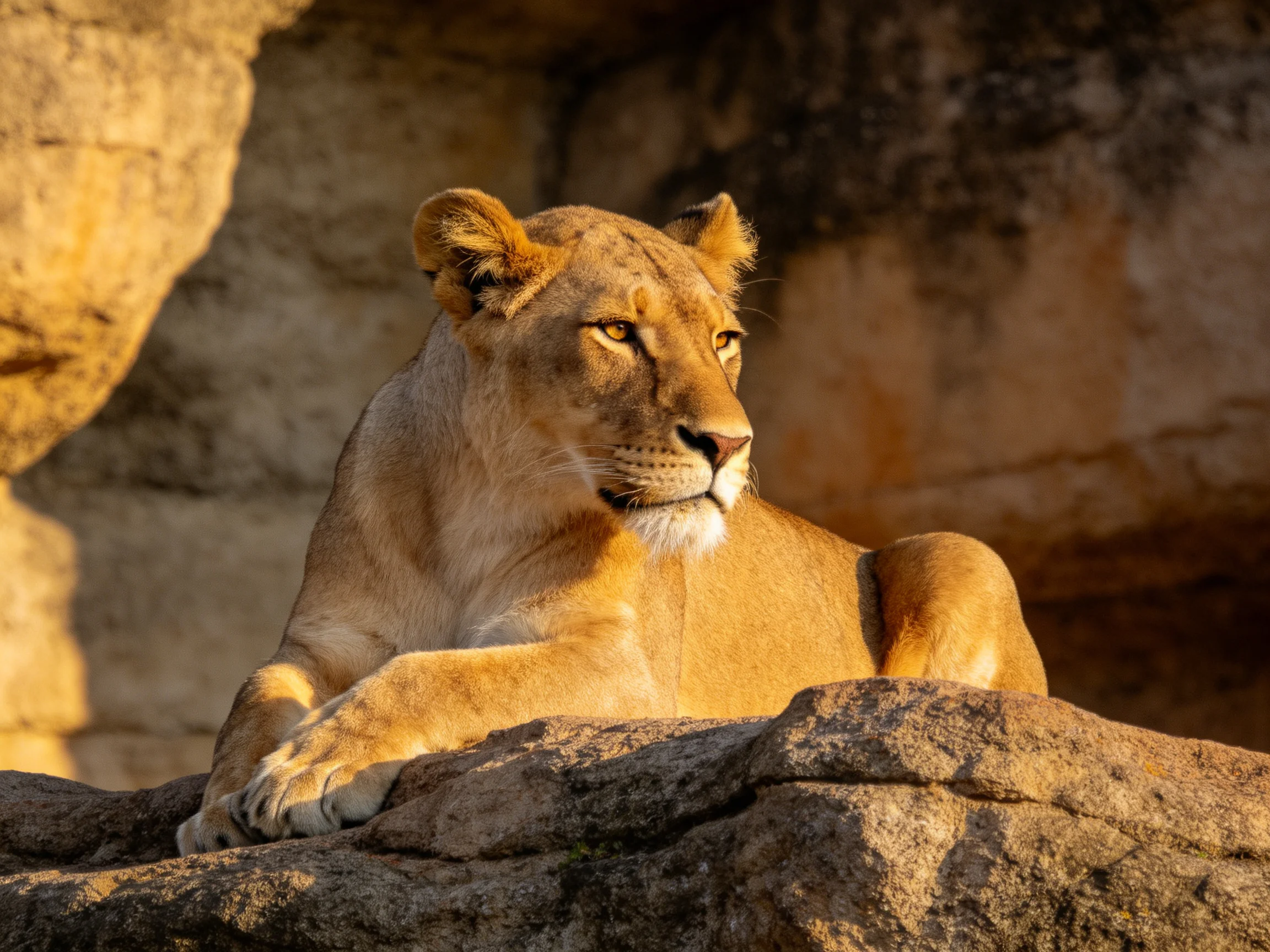 A golden lioness rests on rocks surrounded by earthy stone structures.