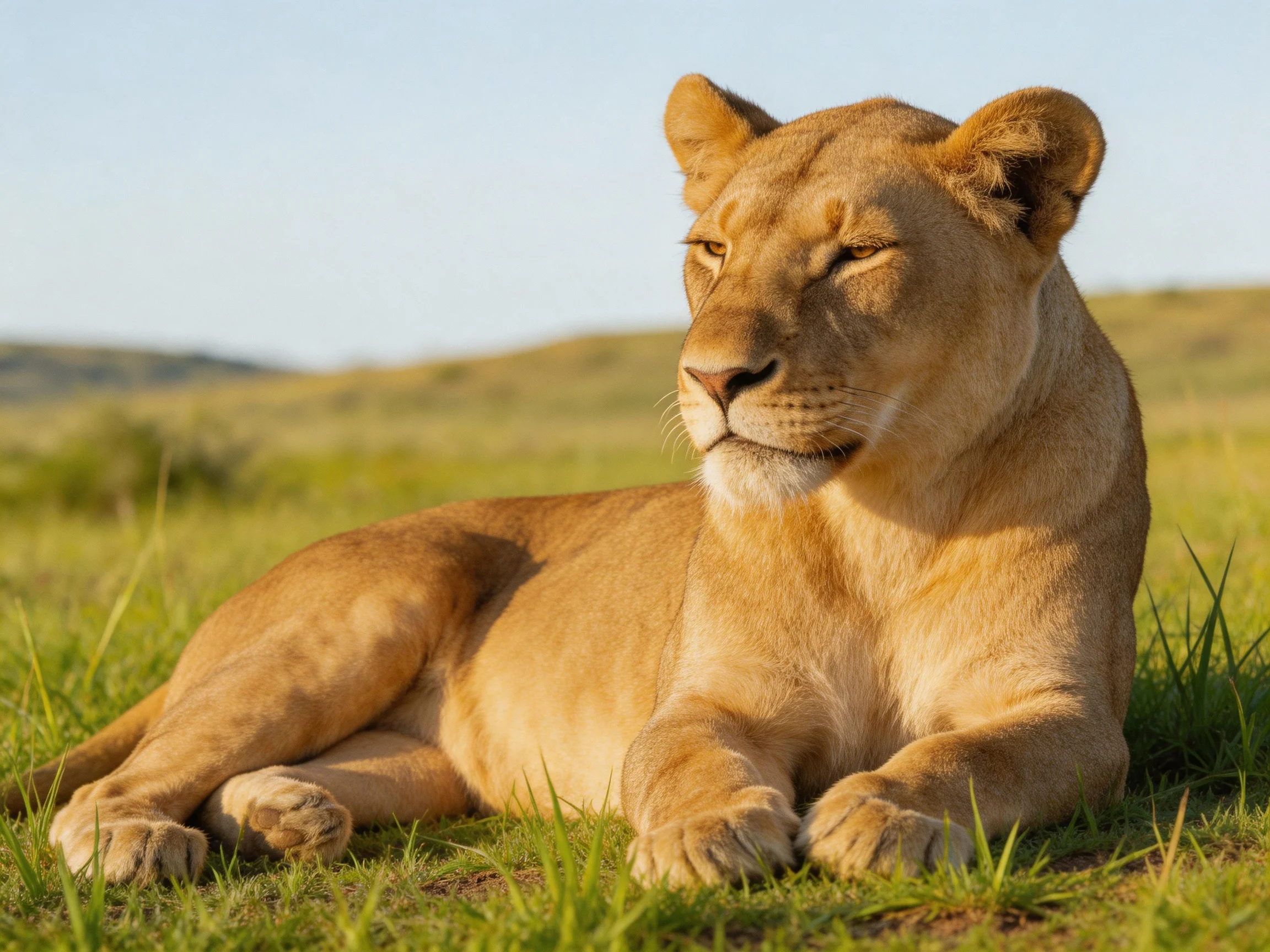 A lioness rests on grass in a sunlit savannah landscape.