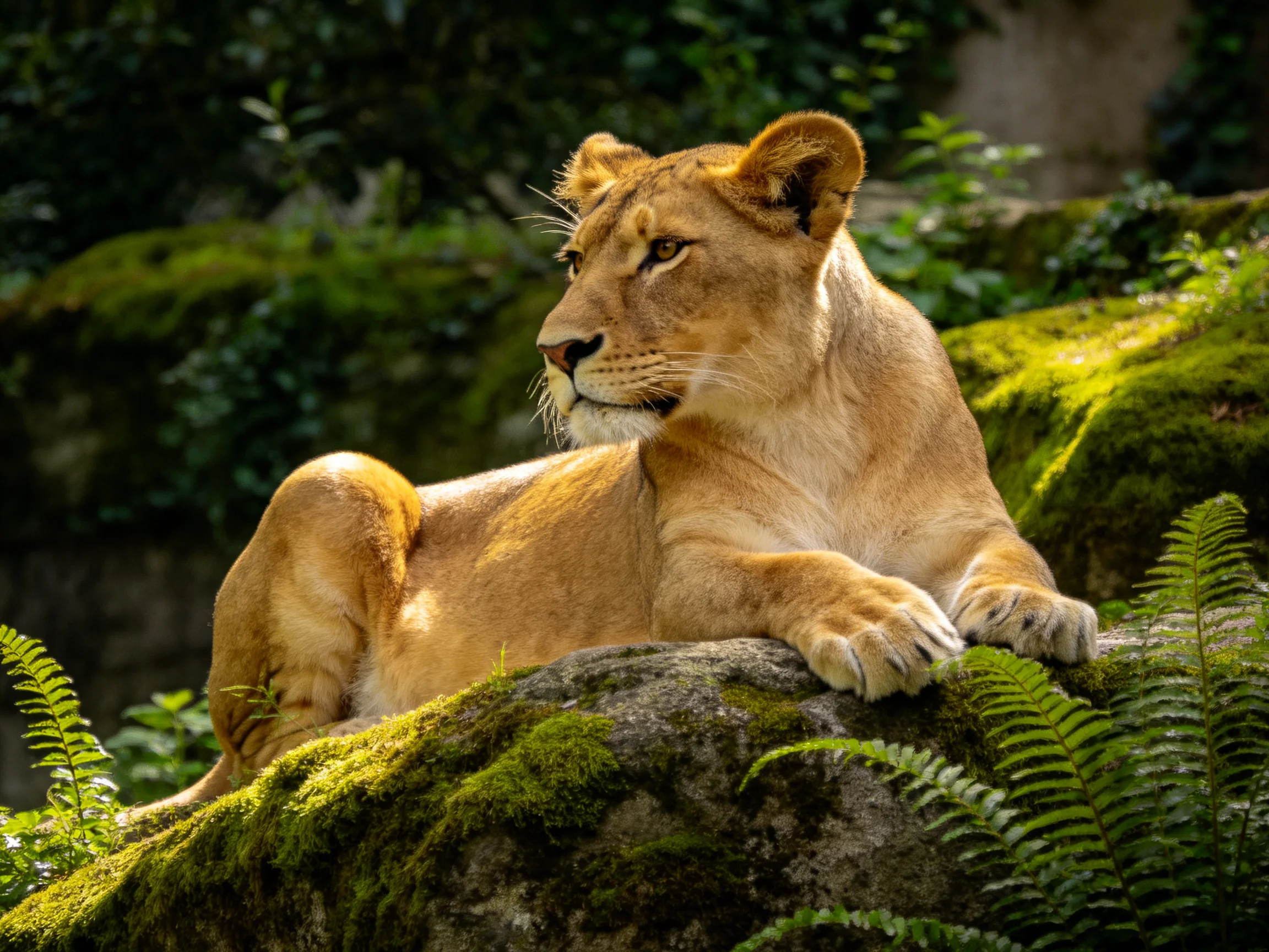 A golden lioness relaxes on mossy rocks surrounded by ferns and foliage.