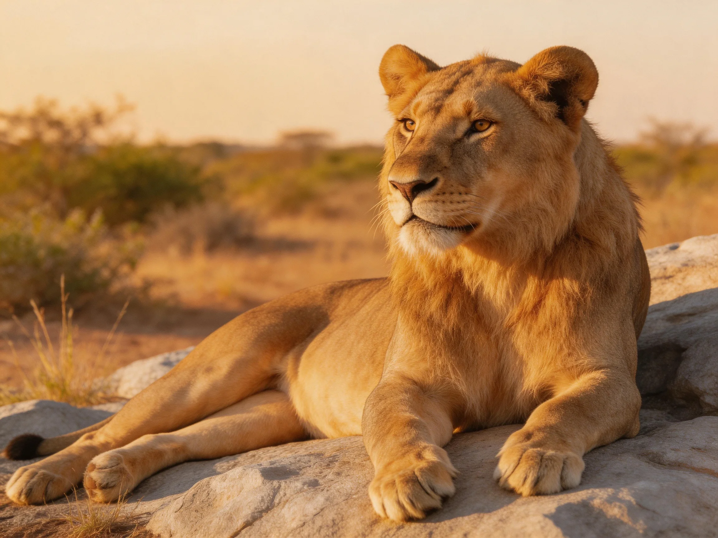 A lioness relaxes on rocks amid the sunlit savannah landscape.