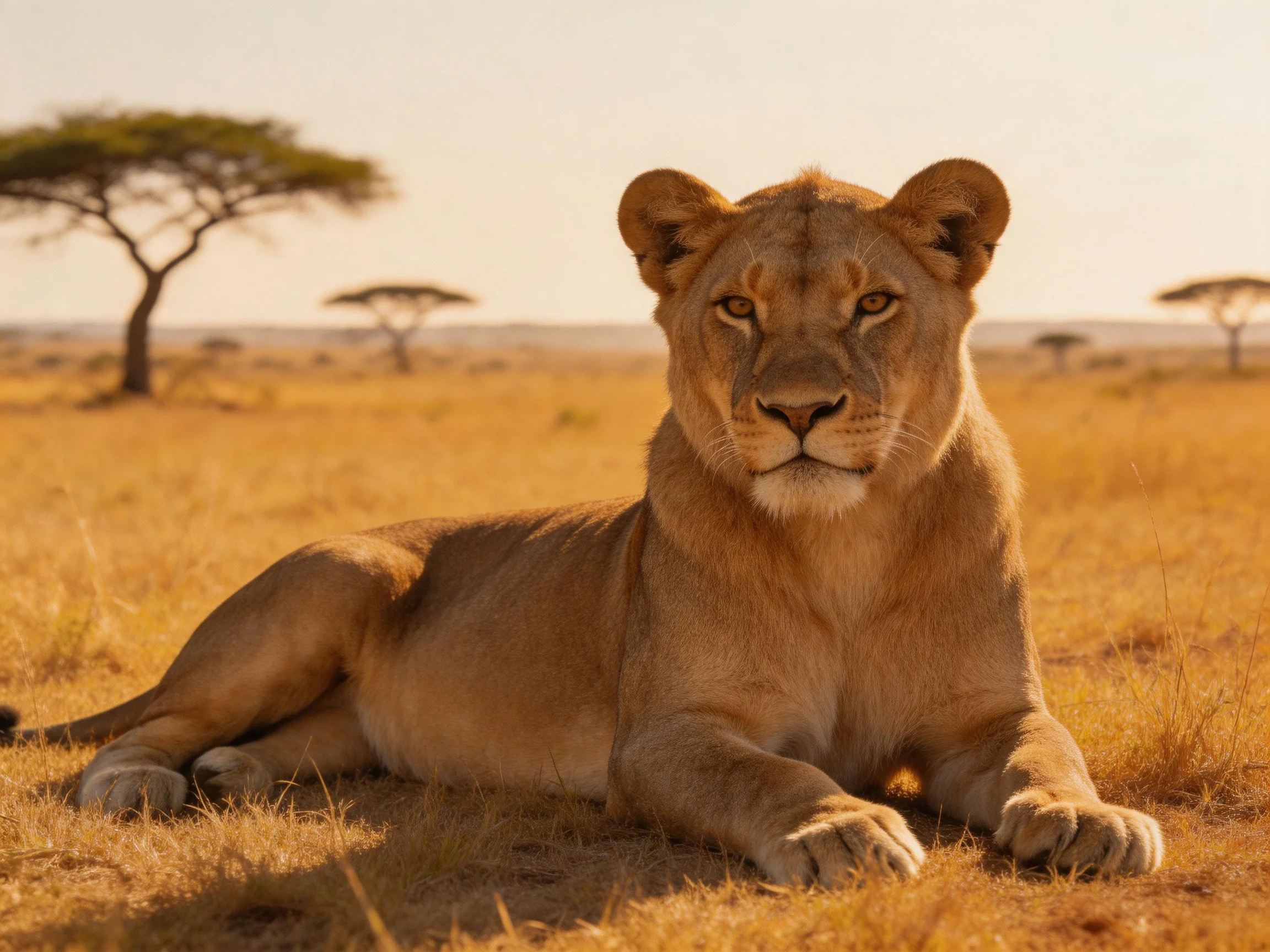 A lioness lies calmly on the golden savannah near distant acacia trees.