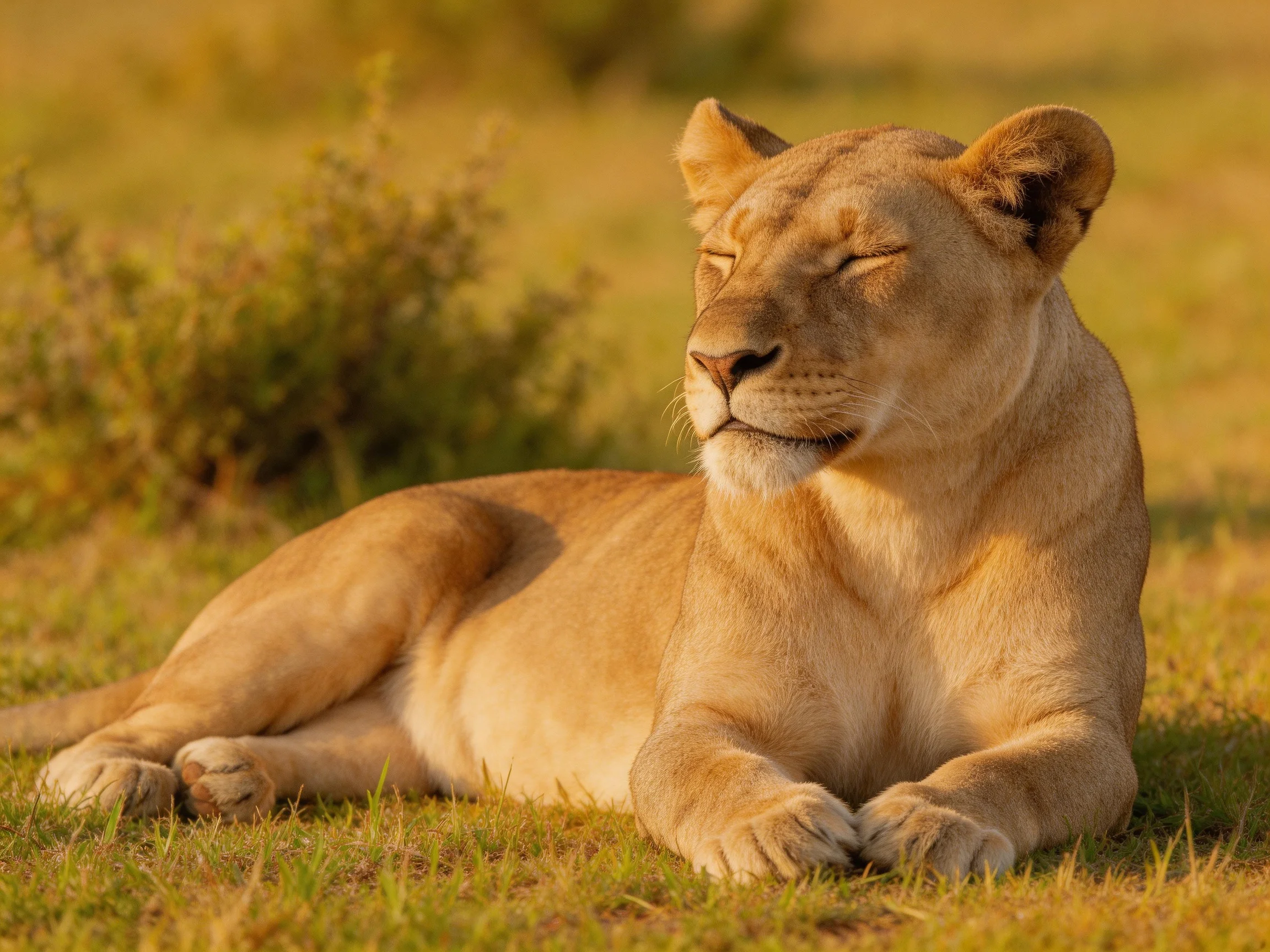 A lioness relaxes on sunlit savannah grass