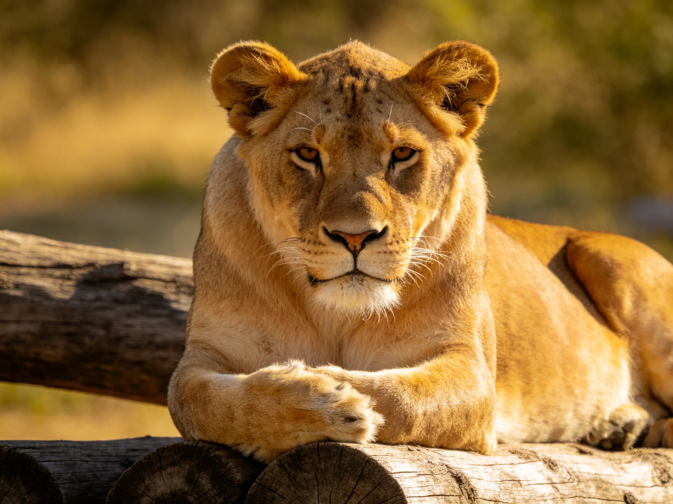 A golden lioness relaxes on aged wooden logs under bright sunlight.