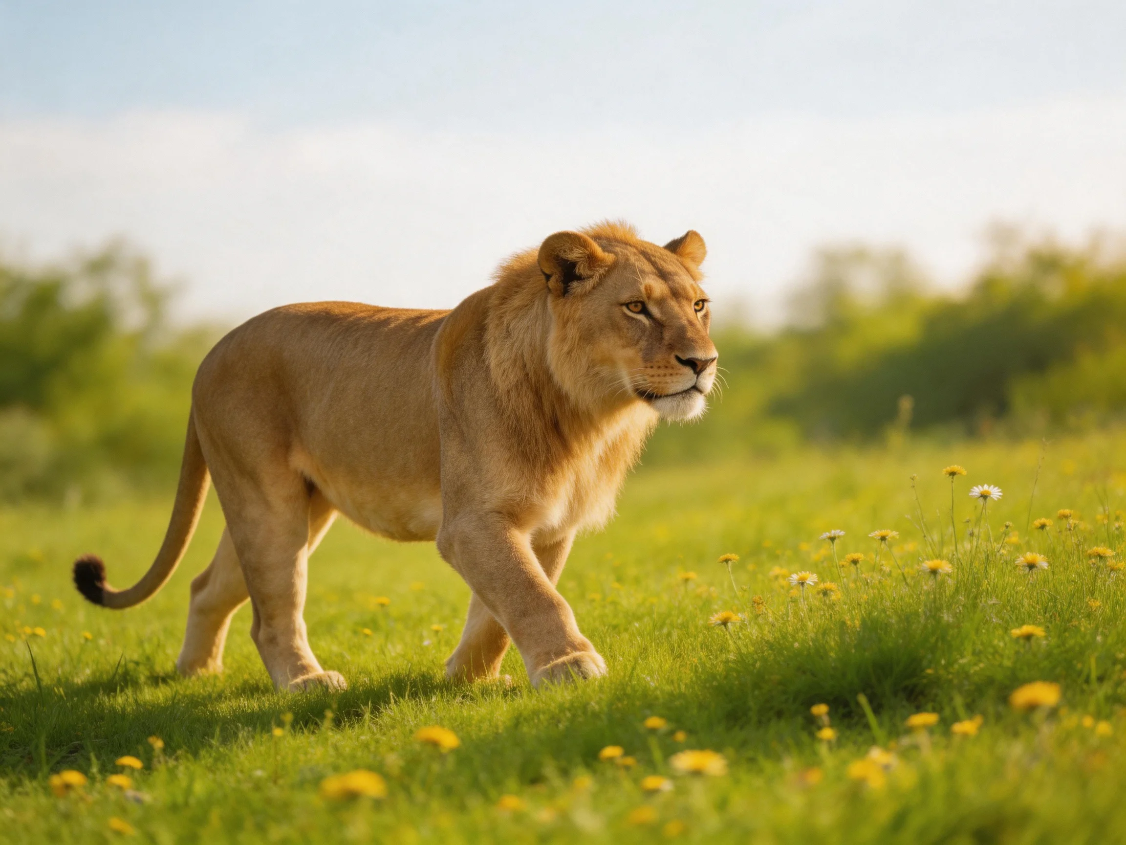A golden lioness walks through a sunlit meadow dotted with yellow flowers.