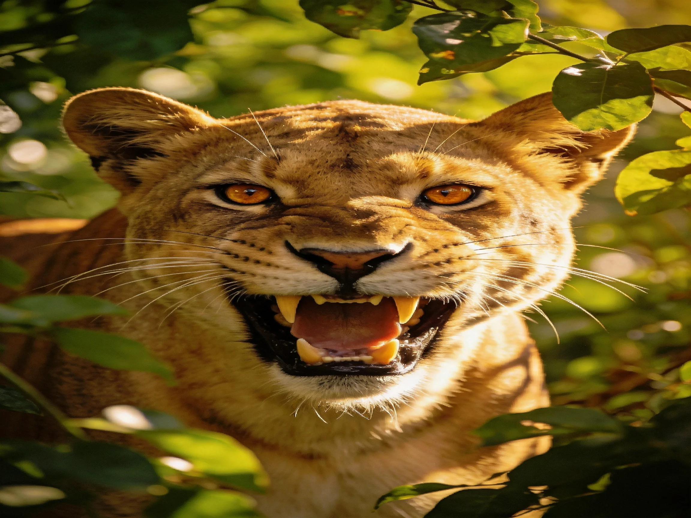 A golden lioness roars amid green foliage in a sunlit setting.