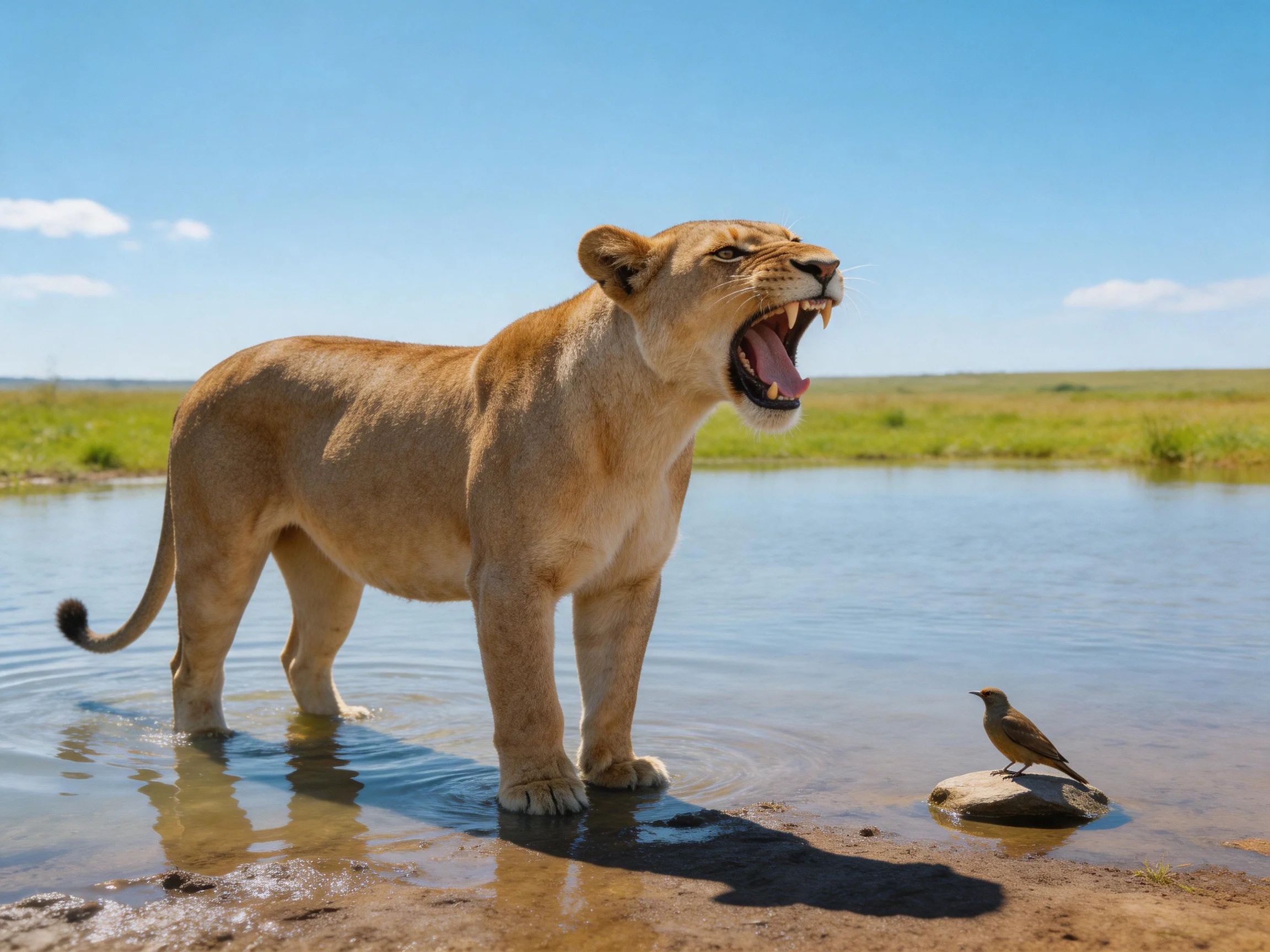 A golden lioness roars near a small bird by calm waters.