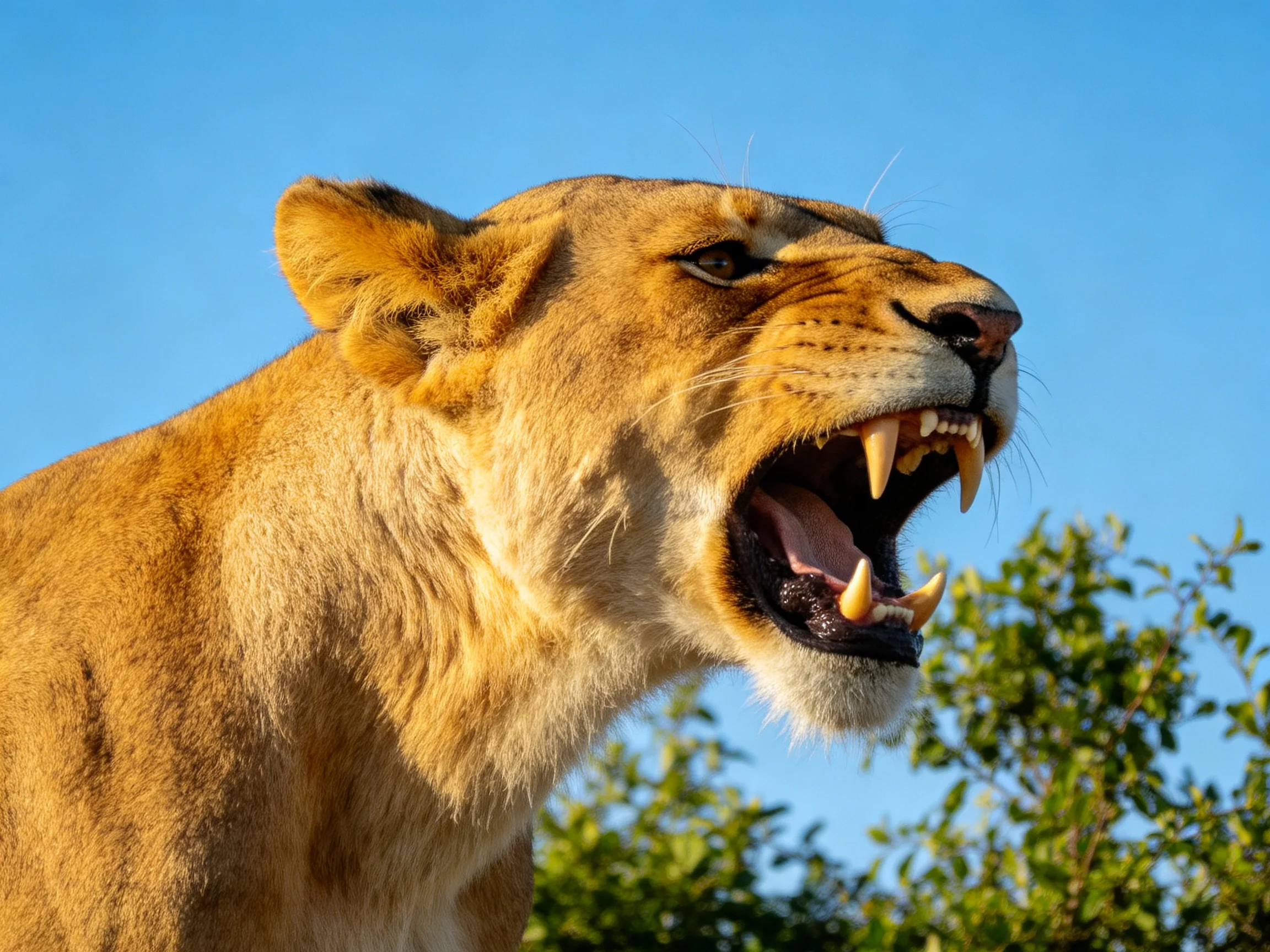 A golden lioness roars with green foliage under a clear blue sky