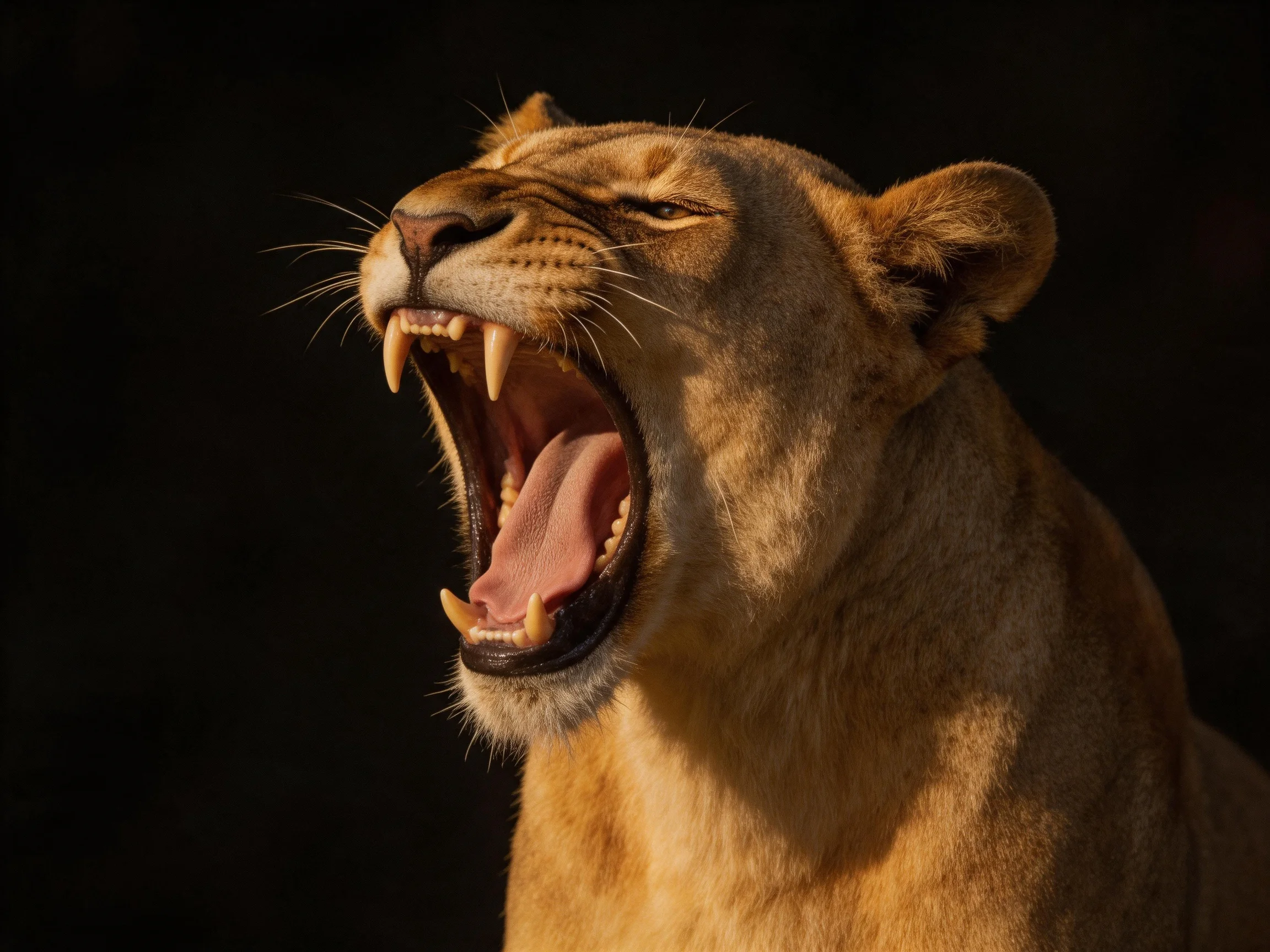 A golden lioness roars with mouth wide open, showcasing sharp canines