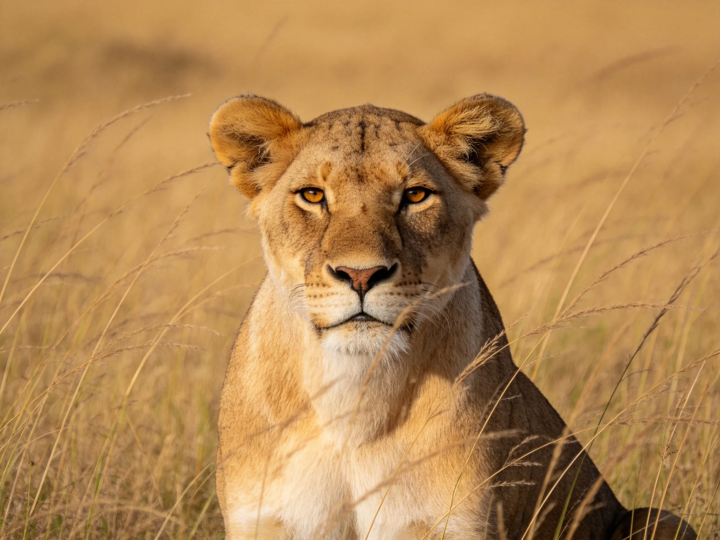 A golden lioness rests amid tall savannah grass in a sunlit environment.