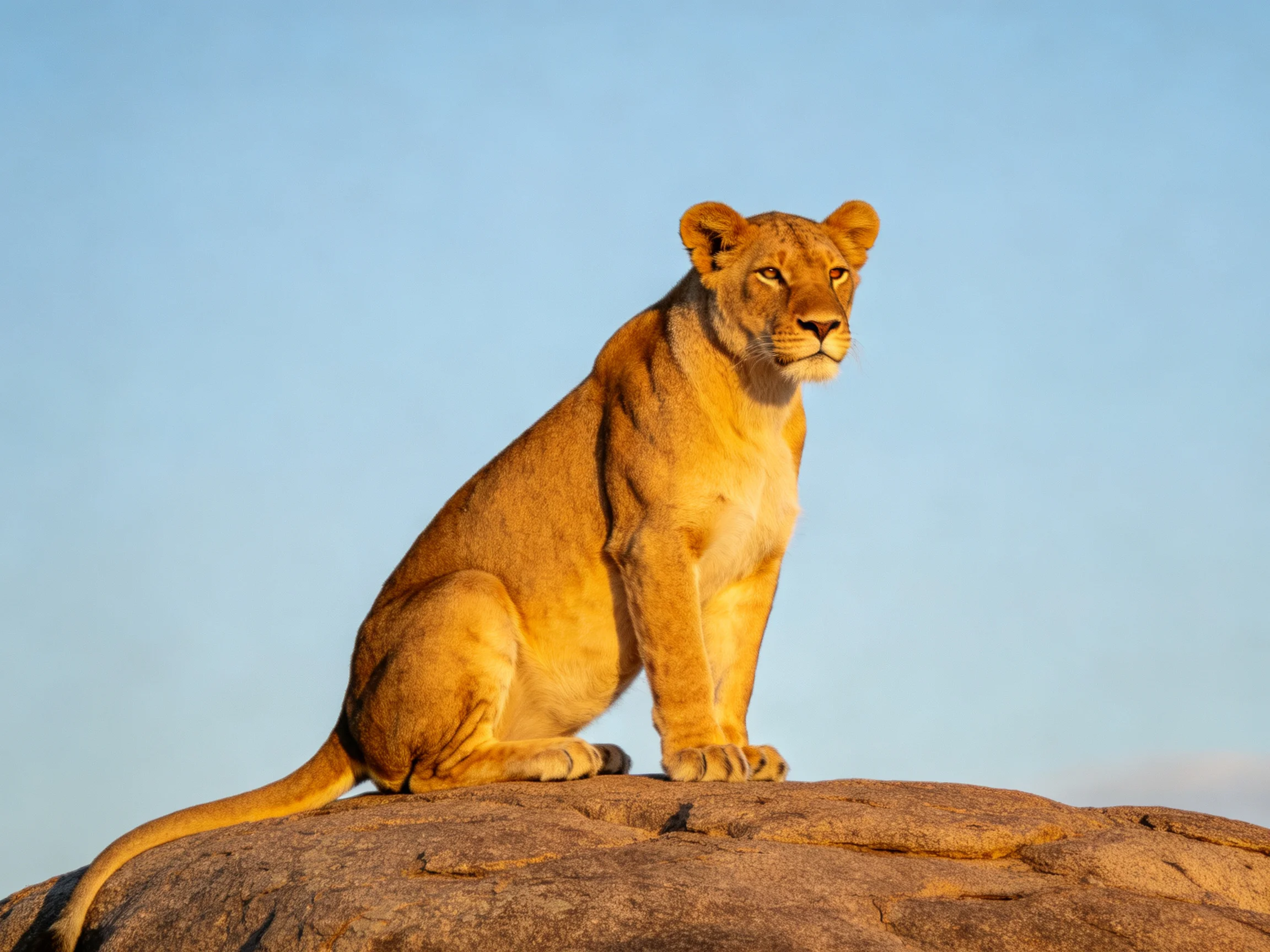 A golden lioness sits atop a brown rock with a clear blue sky