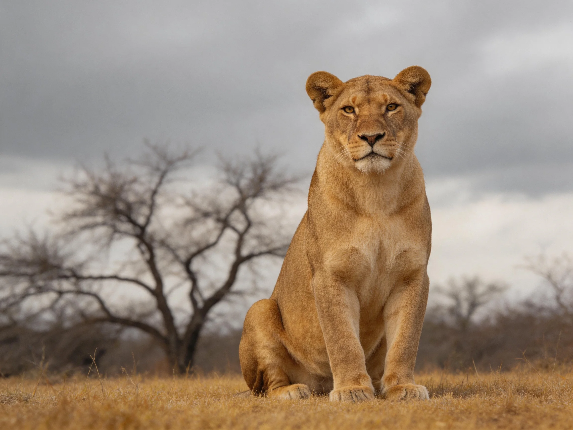 A golden lioness sits in a dry savannah under overcast skies