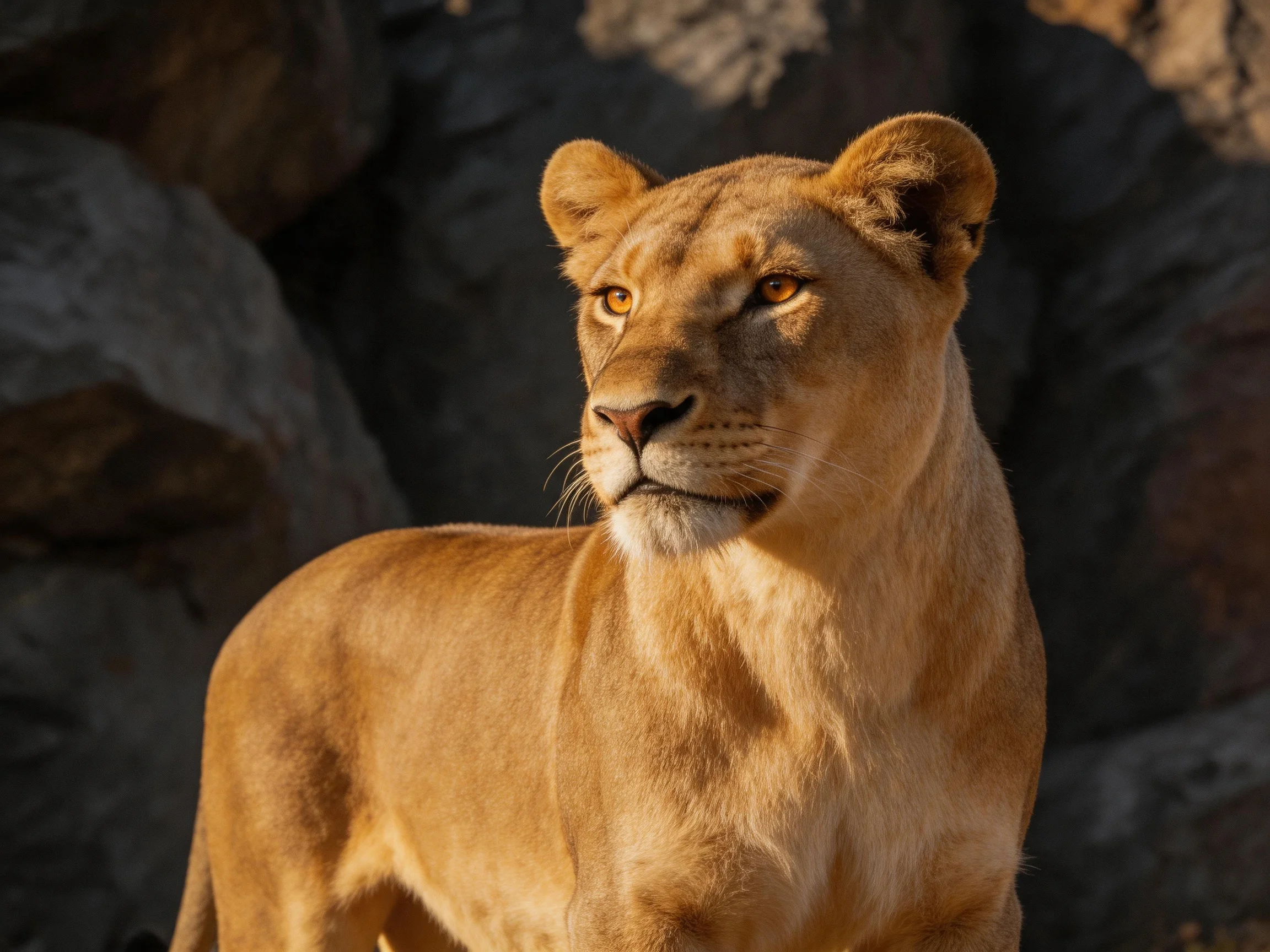 A golden lioness stands amid dark rocky surroundings, gazing thoughtfully.
