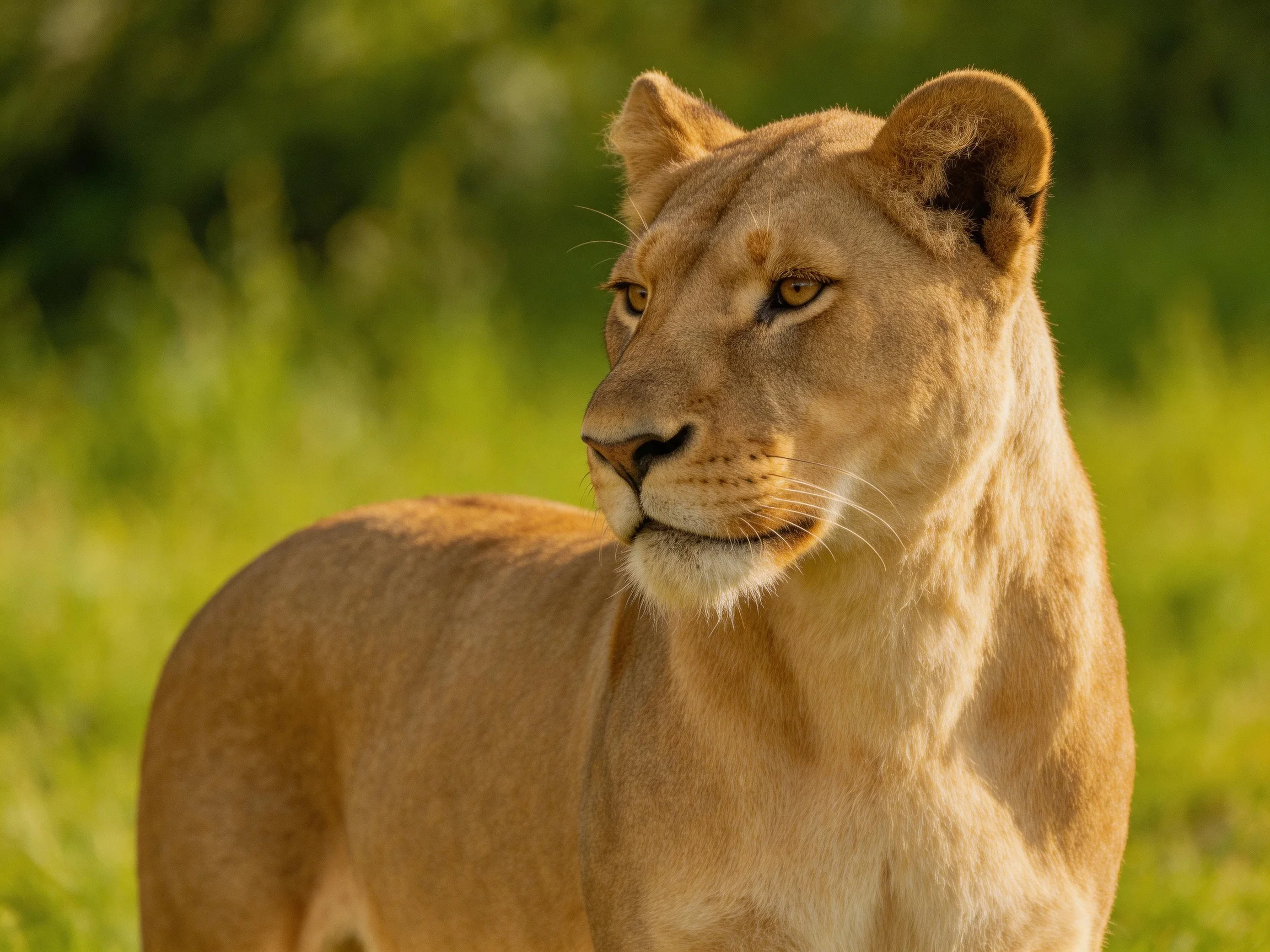 A golden lioness gazes attentively amid sunlit greenery.