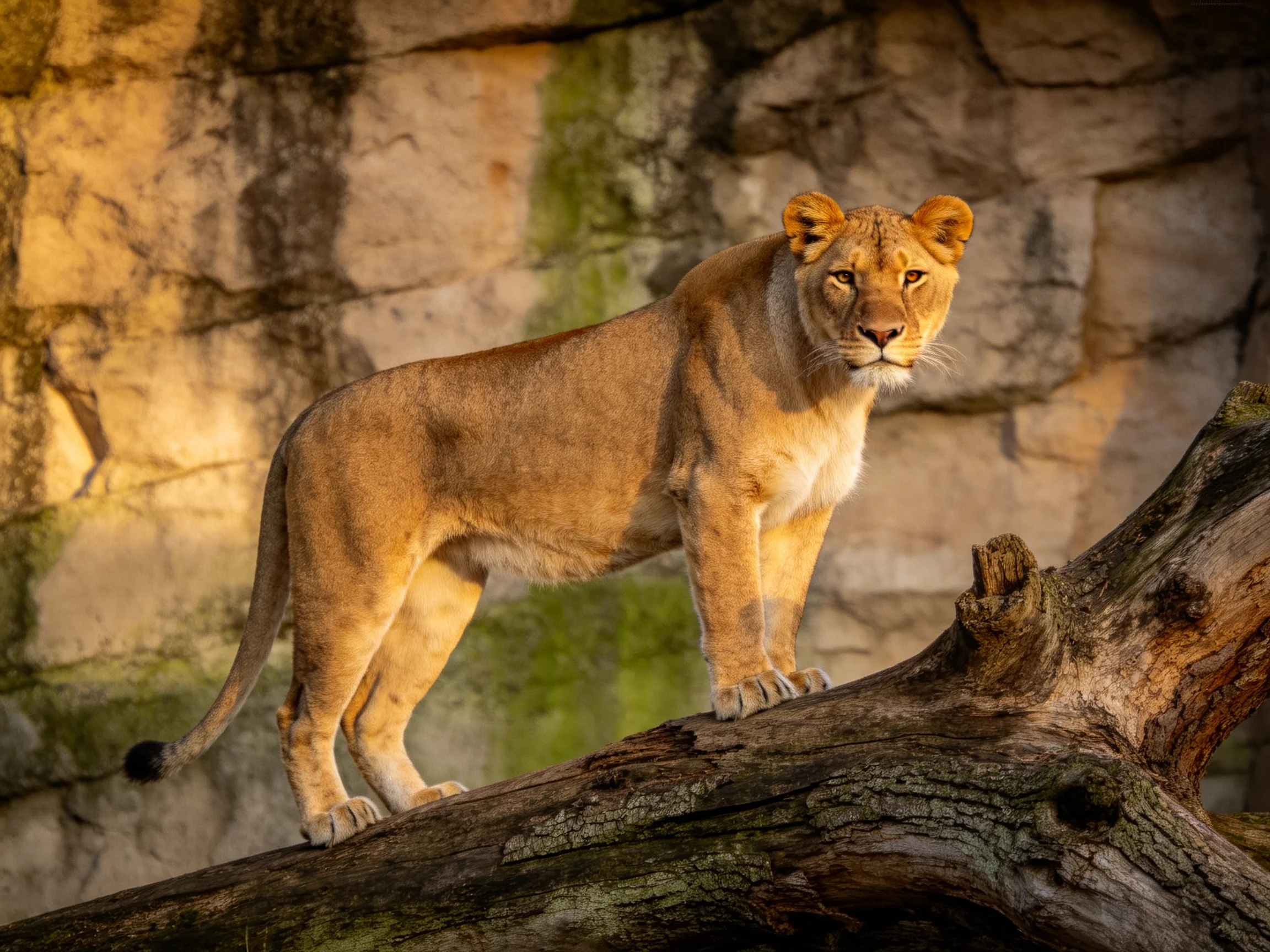 A golden lioness stands atop a gnarled tree trunk near a stone wall