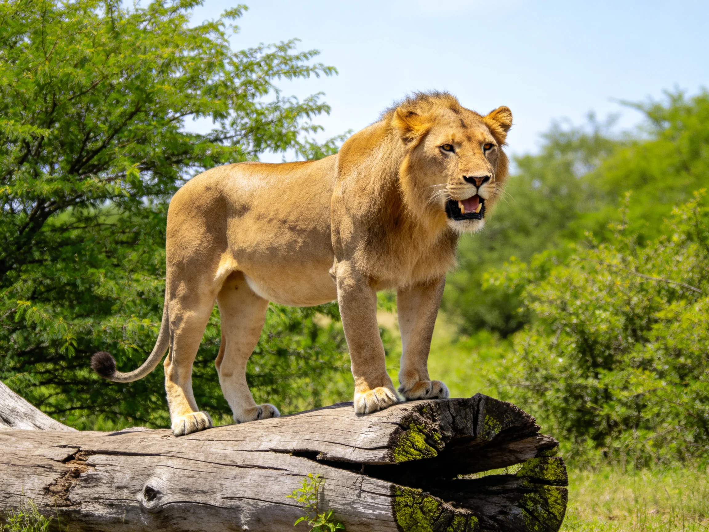 A golden lioness stands atop a moss-covered fallen tree trunk
