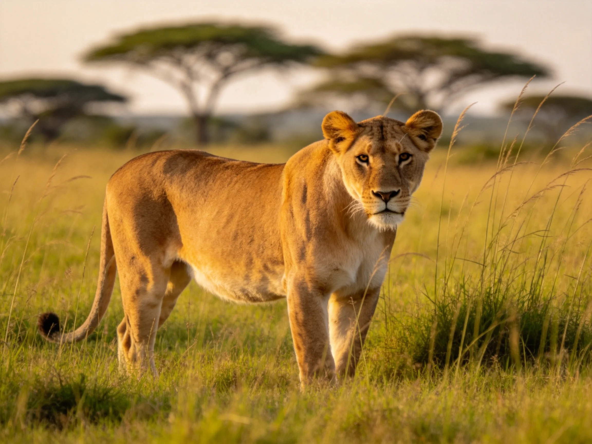 A golden lioness stands in tall green grass near acacia trees