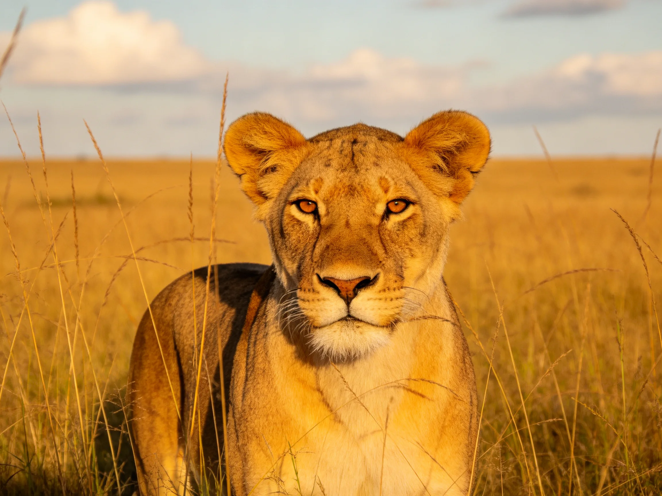 A golden lioness stands in tall, sunlit savannah grass