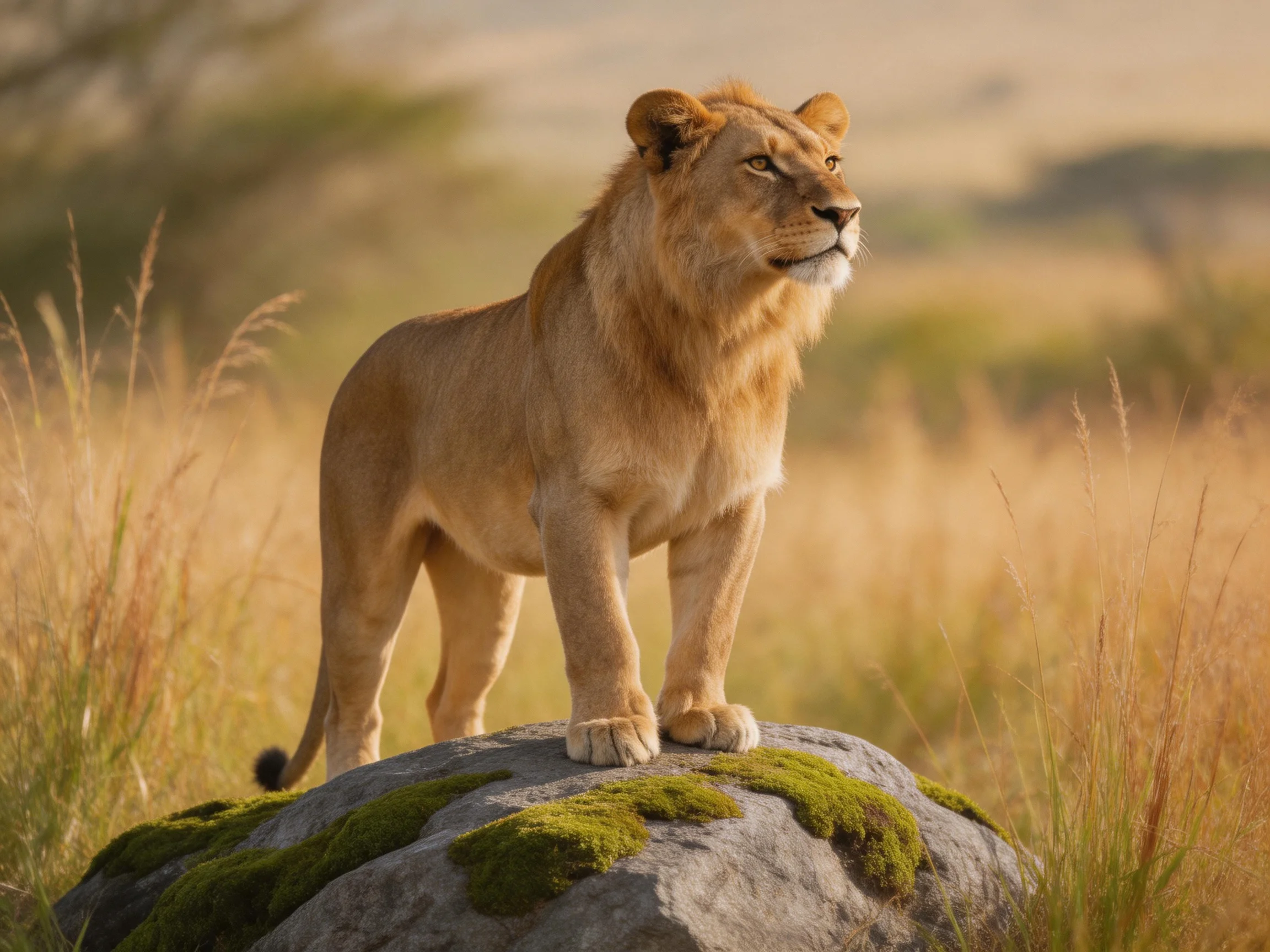 A golden lioness stands on a mossy rock in a sunlit savannah.