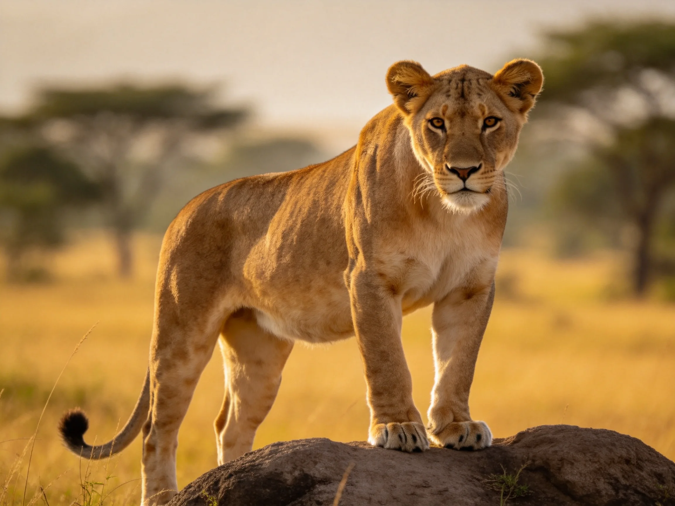 A golden lioness stands on a rocky mound in the savannah landscape