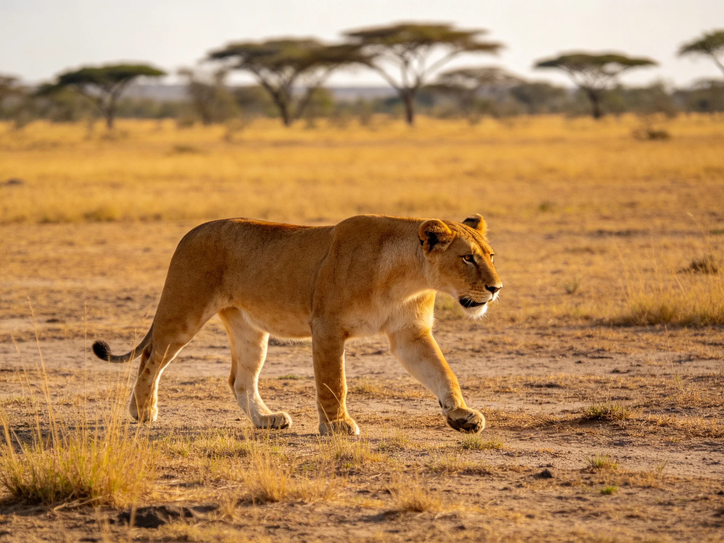 A golden lioness roams a vast, dry savannah with distant trees