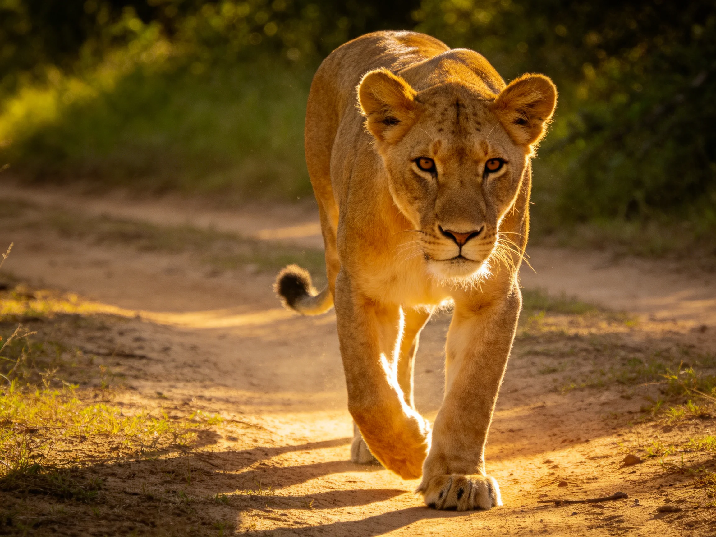 A golden lioness walks on a sunlit dirt path.