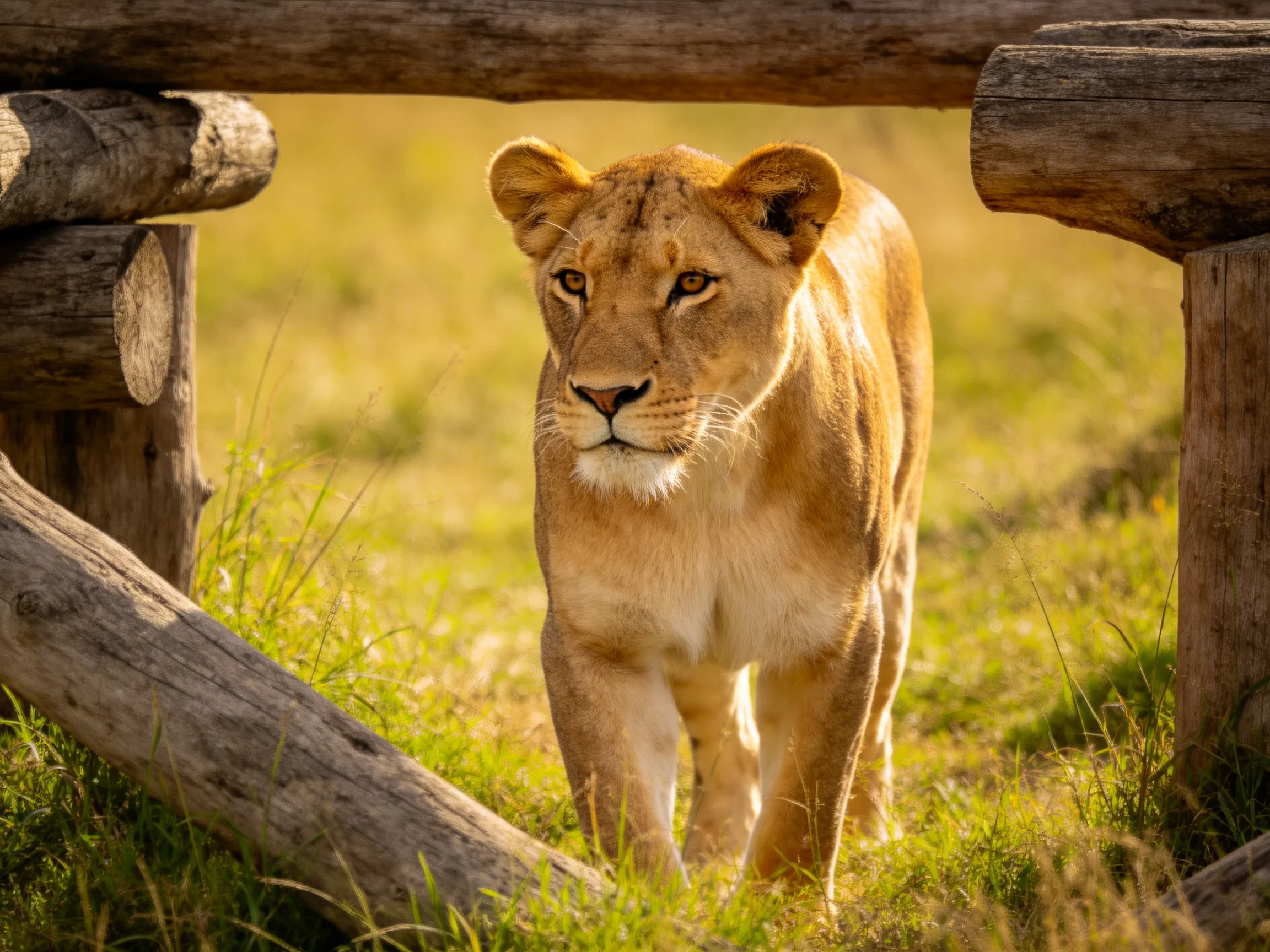 A lioness moves through sunlit grass near wooden structures.