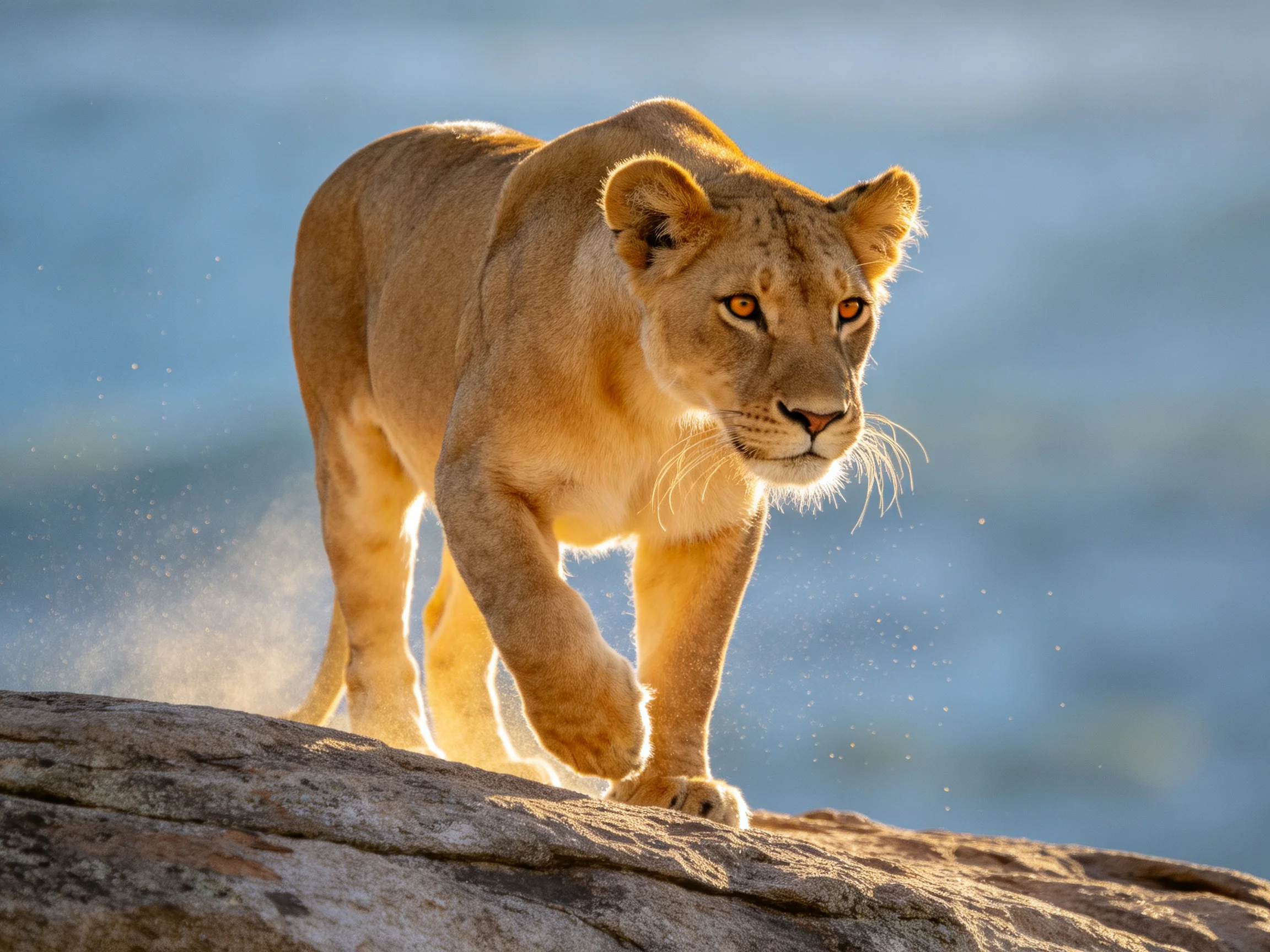 A golden lioness moves across a rocky area near a blue landscape