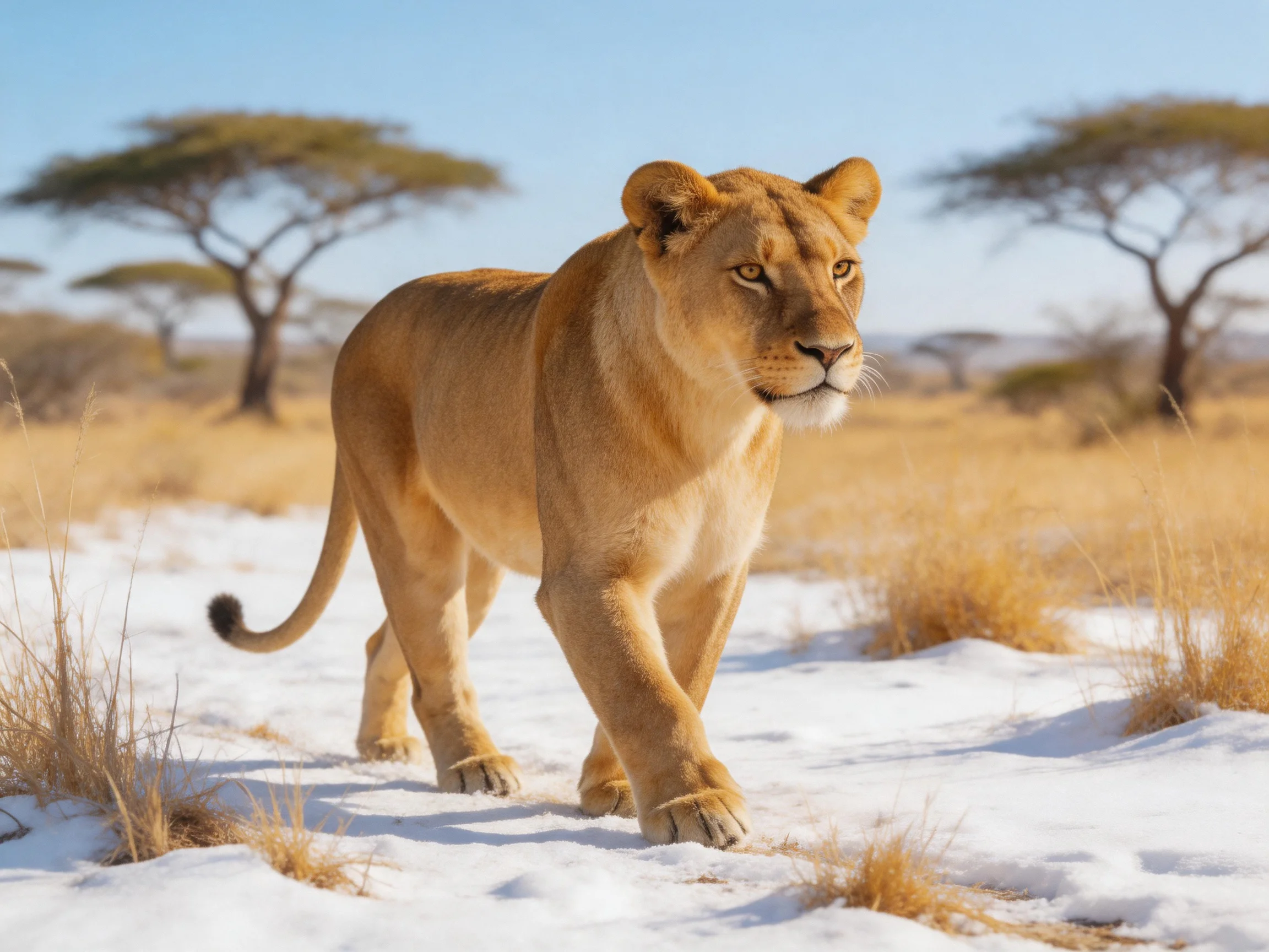 A golden lioness walks on a snowy savannah landscape.