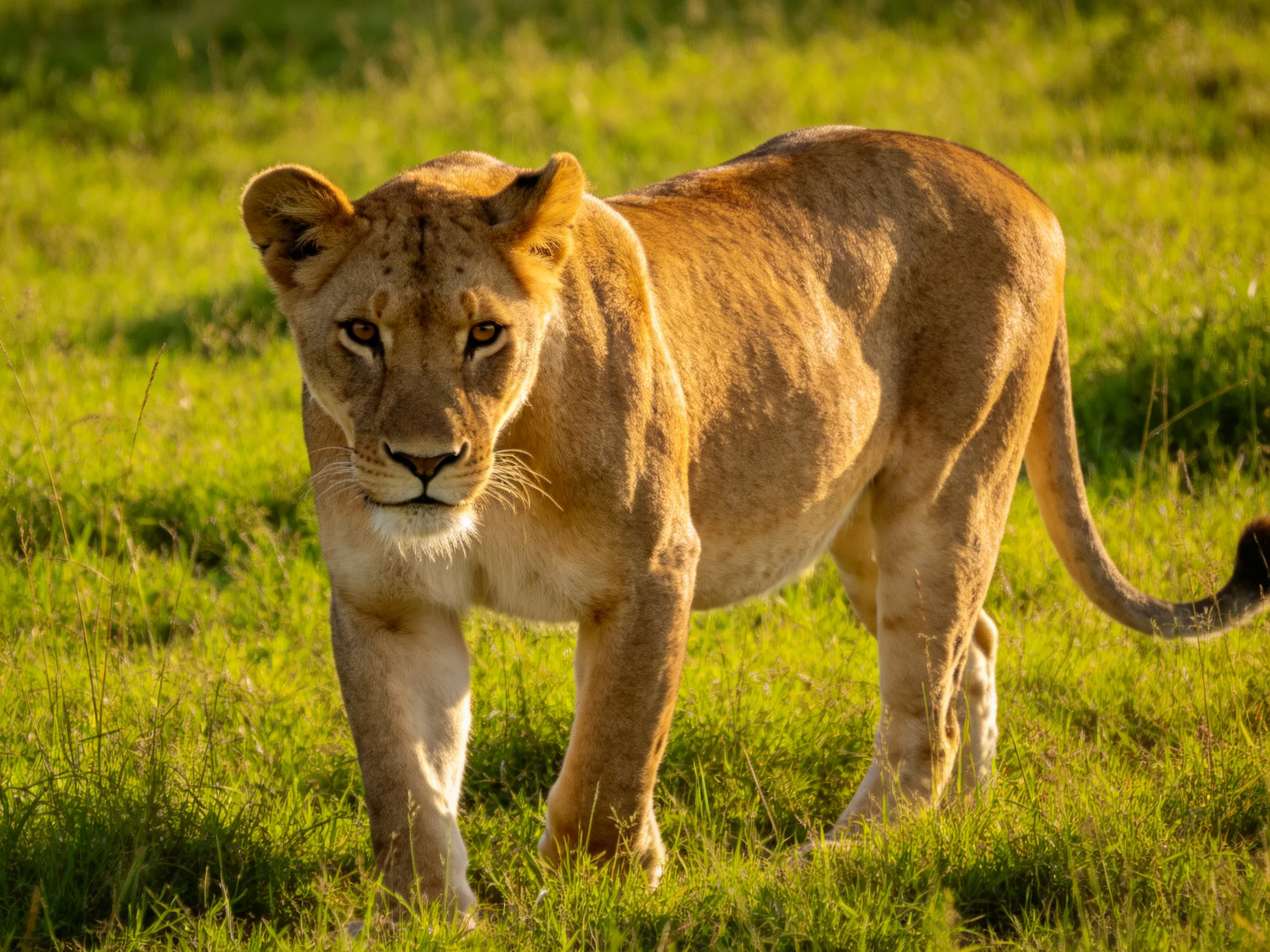 A golden lioness moves through tall green savannah grass.