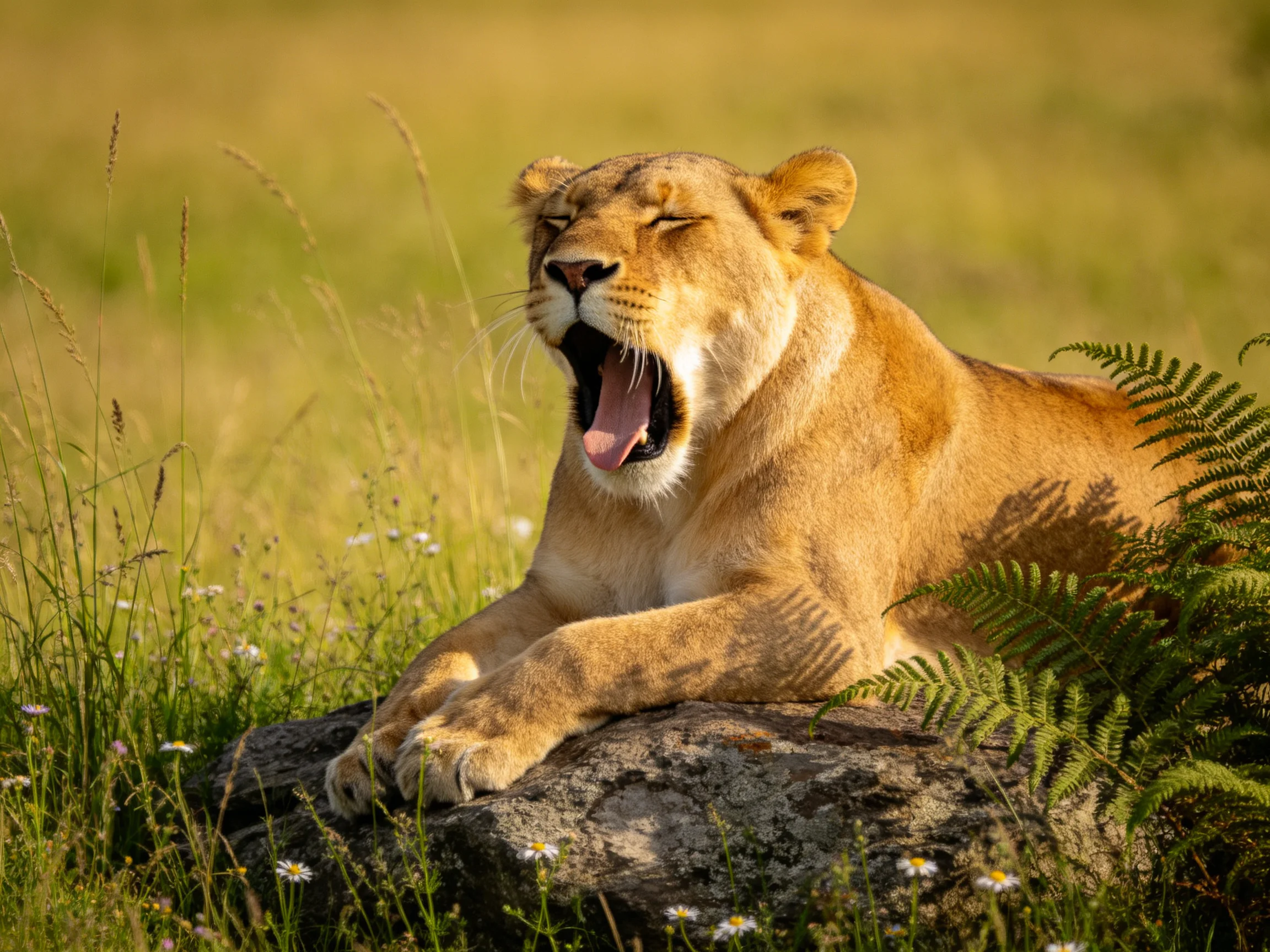 A golden lioness yawns atop a large rock amid tall grasses and ferns