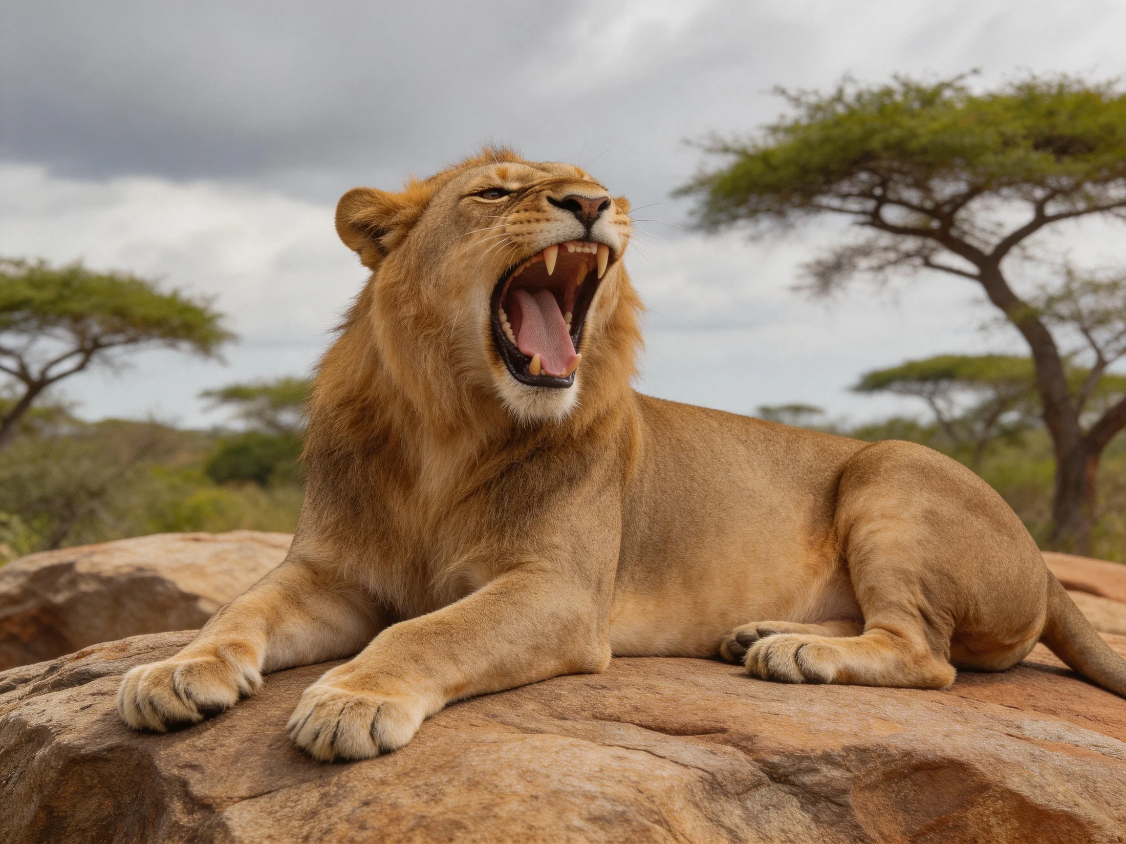 A golden lioness yawns on reddish rocks amid acacia trees
