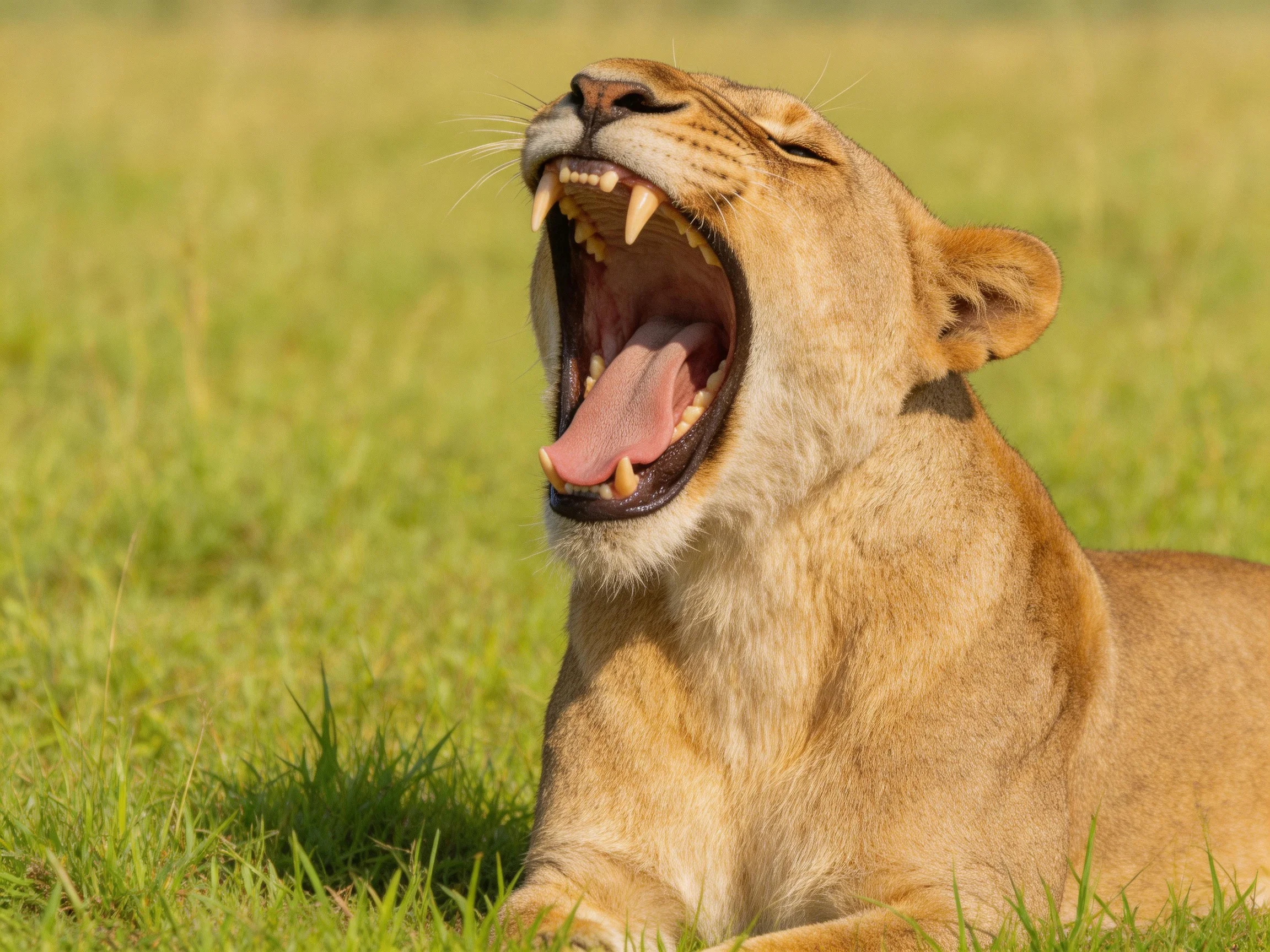 A golden lioness yawns widely in lush green grass